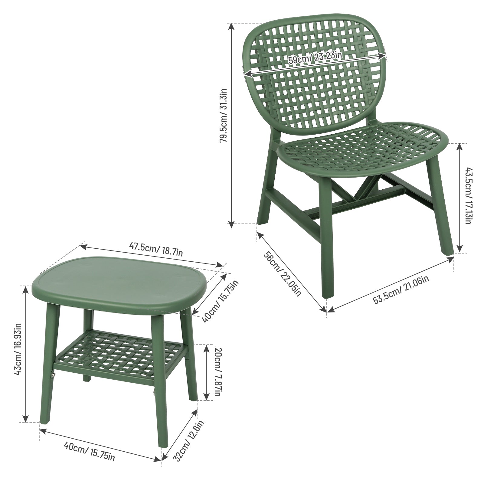 3 Pieces Hollow Design Retro Patio Table Chair Set All Weather Conversation Bistro Set Outdoor Table With Open Shelf And Lounge Chairs With Widened Seat For Balcony Garden Yard Green Green Polypropylene