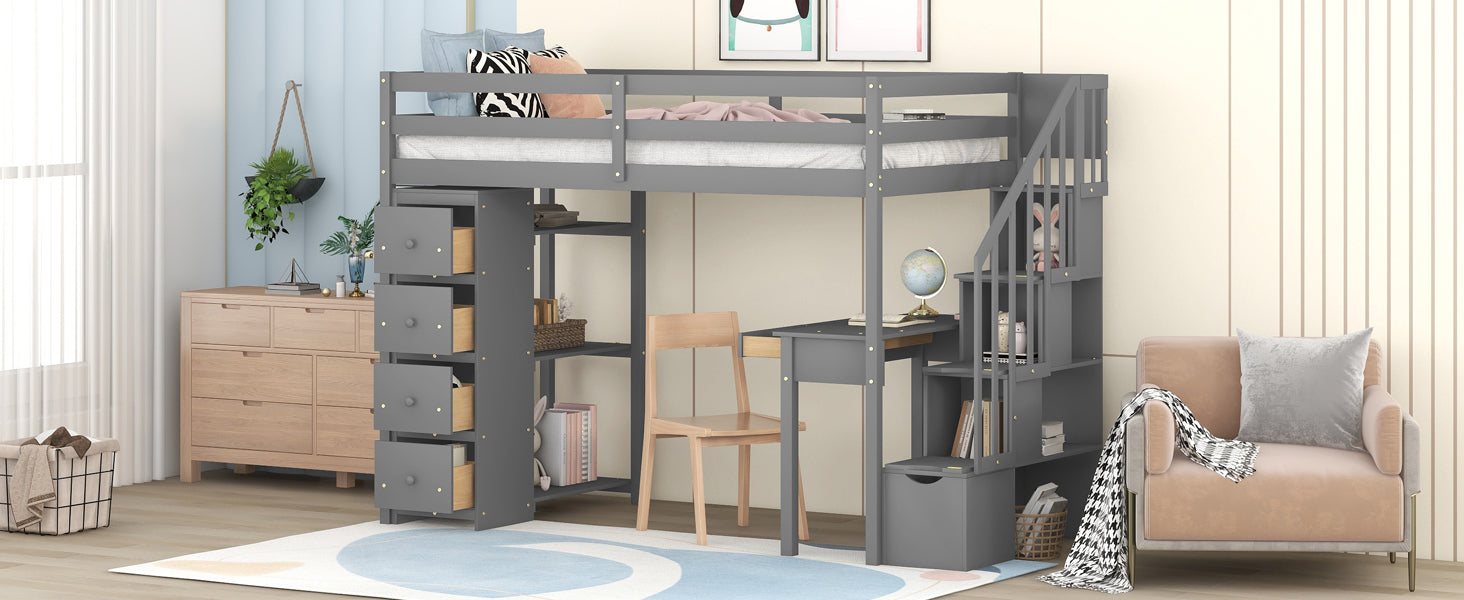 Twin Size Loft Bed With Storage Drawers ,Desk And Stairs, Wooden Loft Bed With Shelves Gray Gray Solid Wood