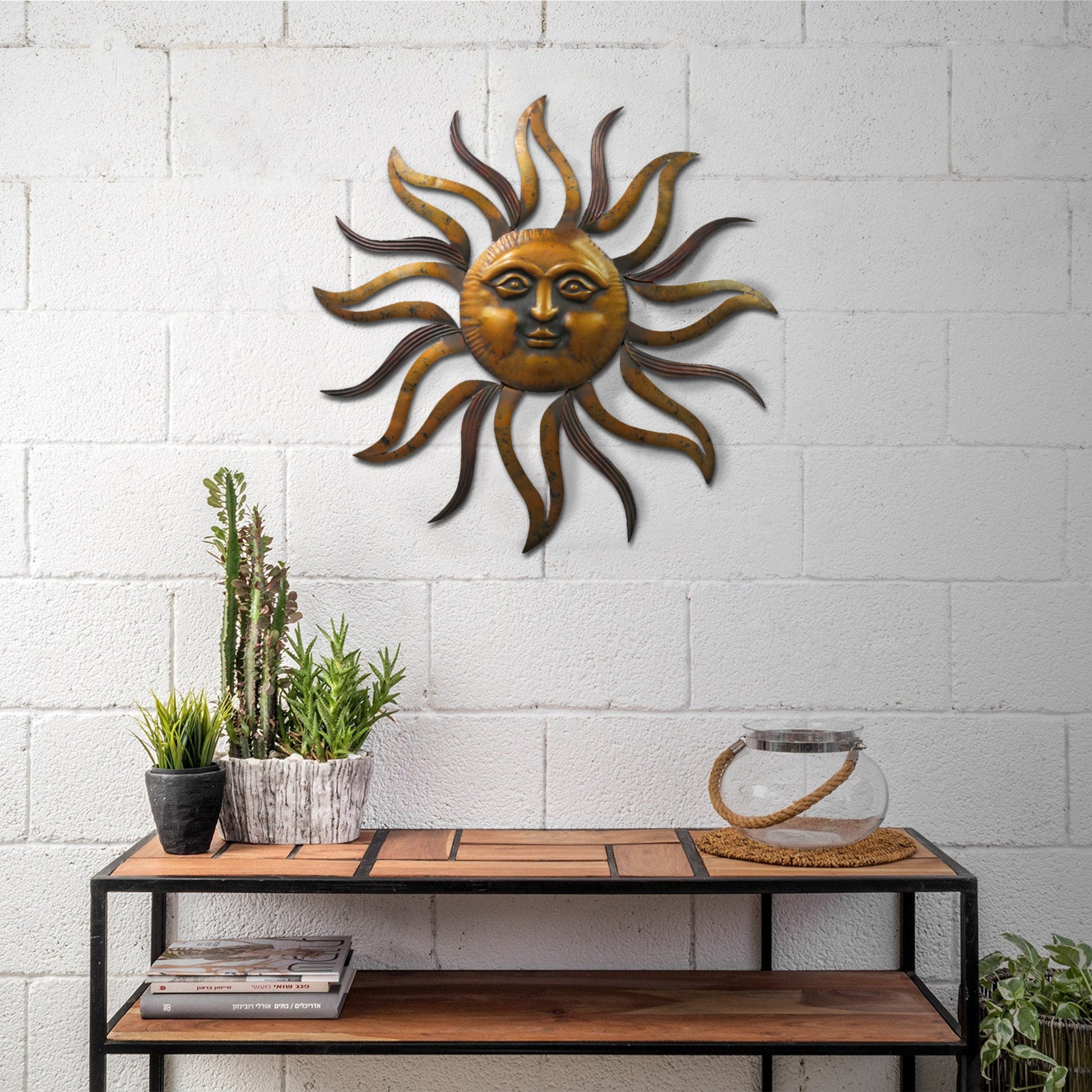 35 Inch Round Wall Mounted Sun Face Accent Decor, Carved Rustic Gold And Black Metal Gold Metal