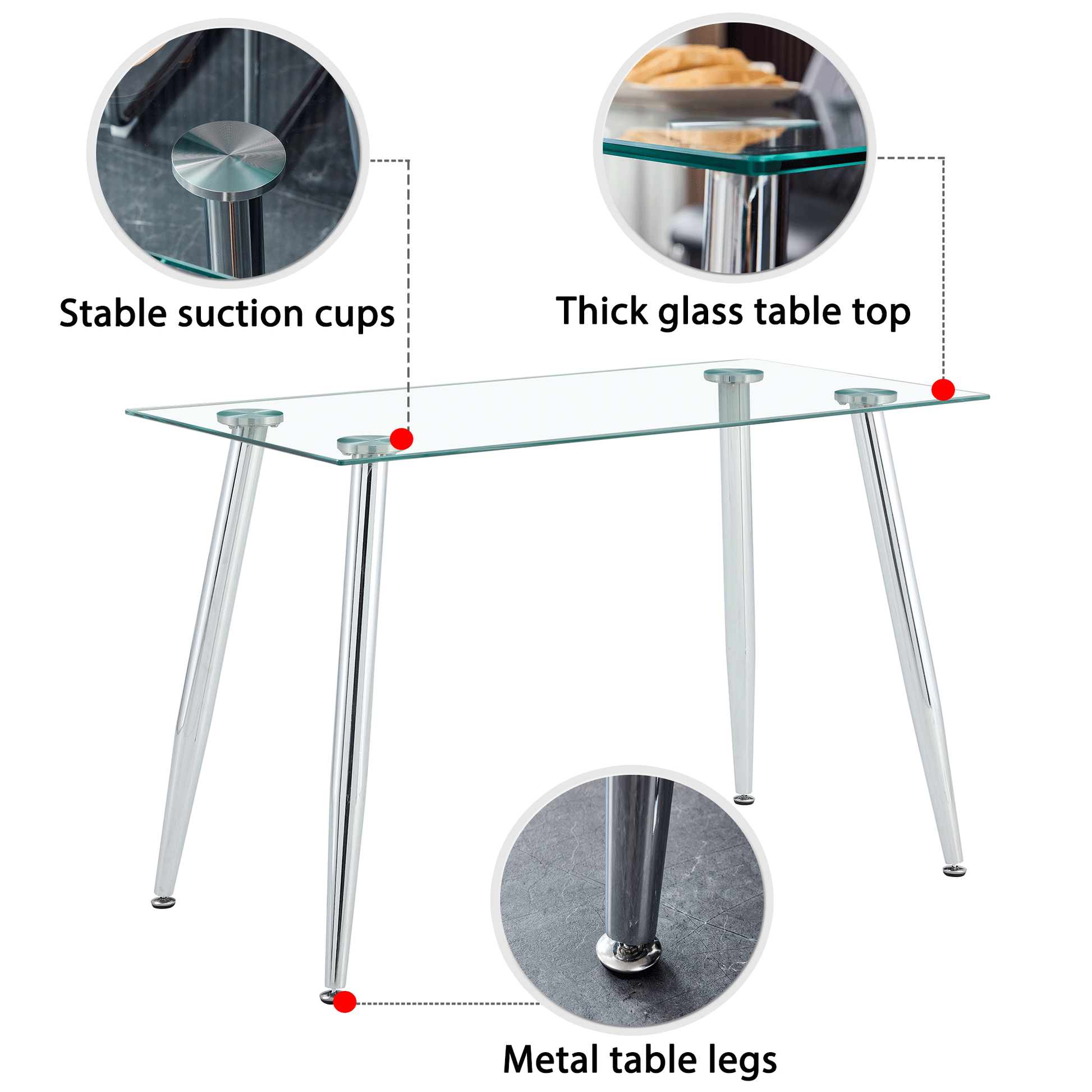 Modern Minimalist Rectangular Glass Dining Table For 4 6 With 0.31" Tempered Glass Tabletop And Silver Plating Metal Legs, Writing Table Desk, For Kitchen Dining Living Room, 51" *31"* 30" .F 1544 Transparent Seats 4 Glass