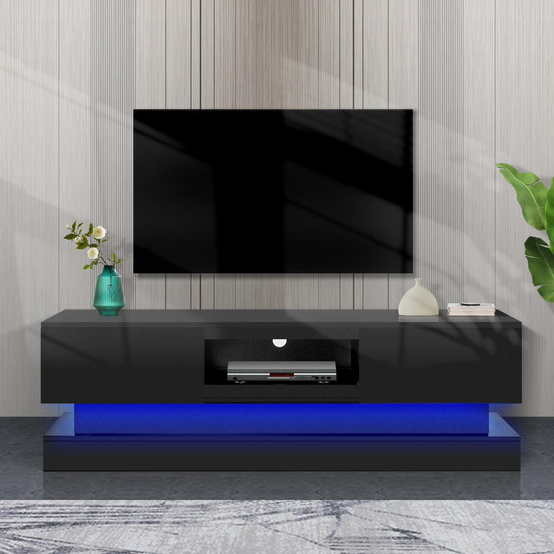 63Inch Black Morden Tv Stand With Led Lights,High Glossy Front Tv Cabinet,Can Be Assembled In Lounge Room, Living Room Or Bedroom,Color:Black Black Primary Living Space 60 Inches 60 69 Inches Classic 65 Inches Foam Particle Board