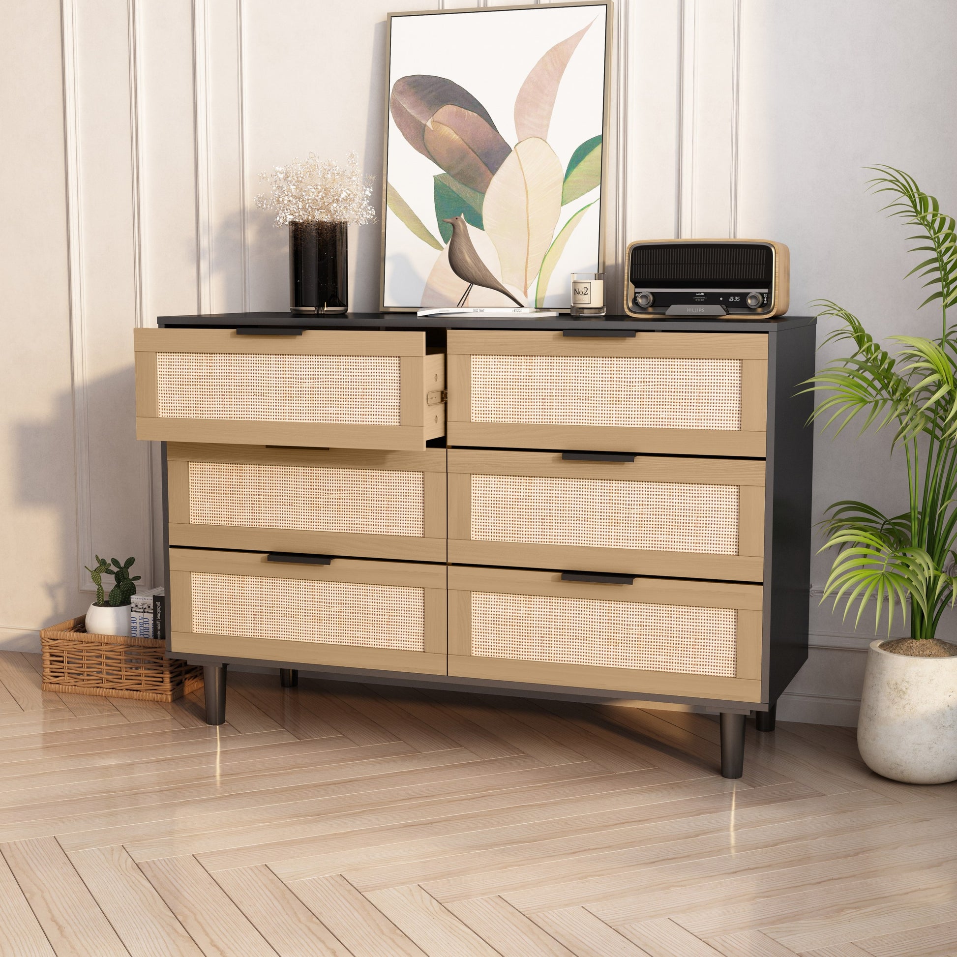 6 Drawers Rattan Dresser Rattan Drawer, Bedroom,Living Room Black Blac 6 Drawers Rattan Dresser Rattan Drawer, Bedroom,Living Room Black Blac