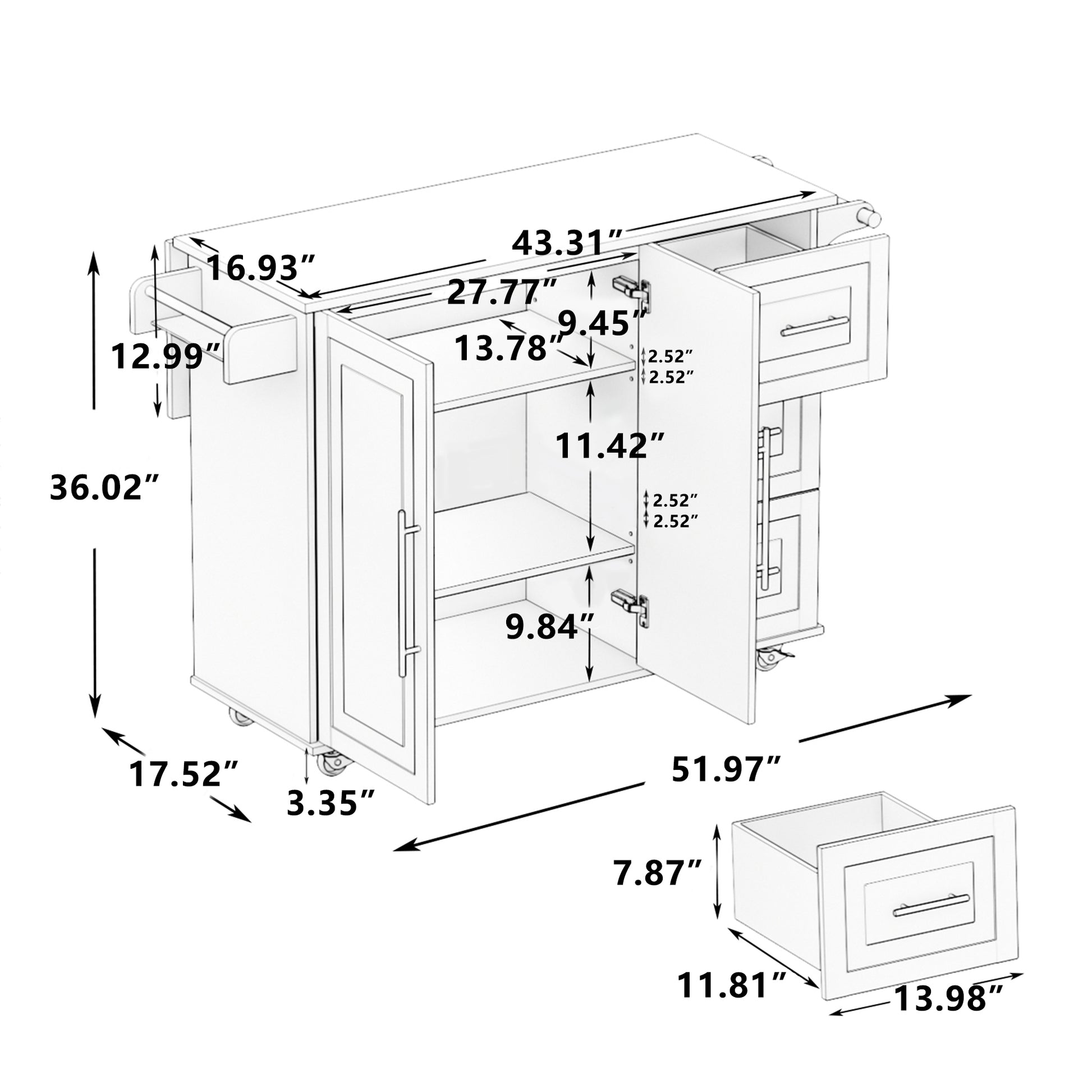 Kitchen Island Cart with 2 Door Cabinet and Three white-mdf