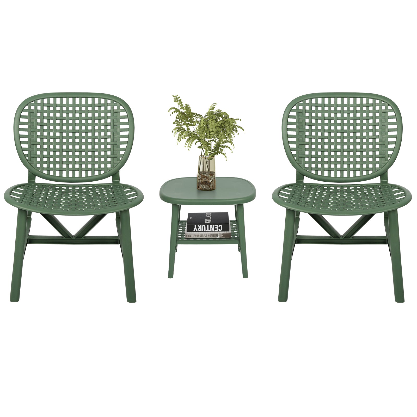 3 Pieces Hollow Design Retro Patio Table Chair Set All Weather Conversation Bistro Set Outdoor Table With Open Shelf And Lounge Chairs With Widened Seat For Balcony Garden Yard Green Green Polypropylene