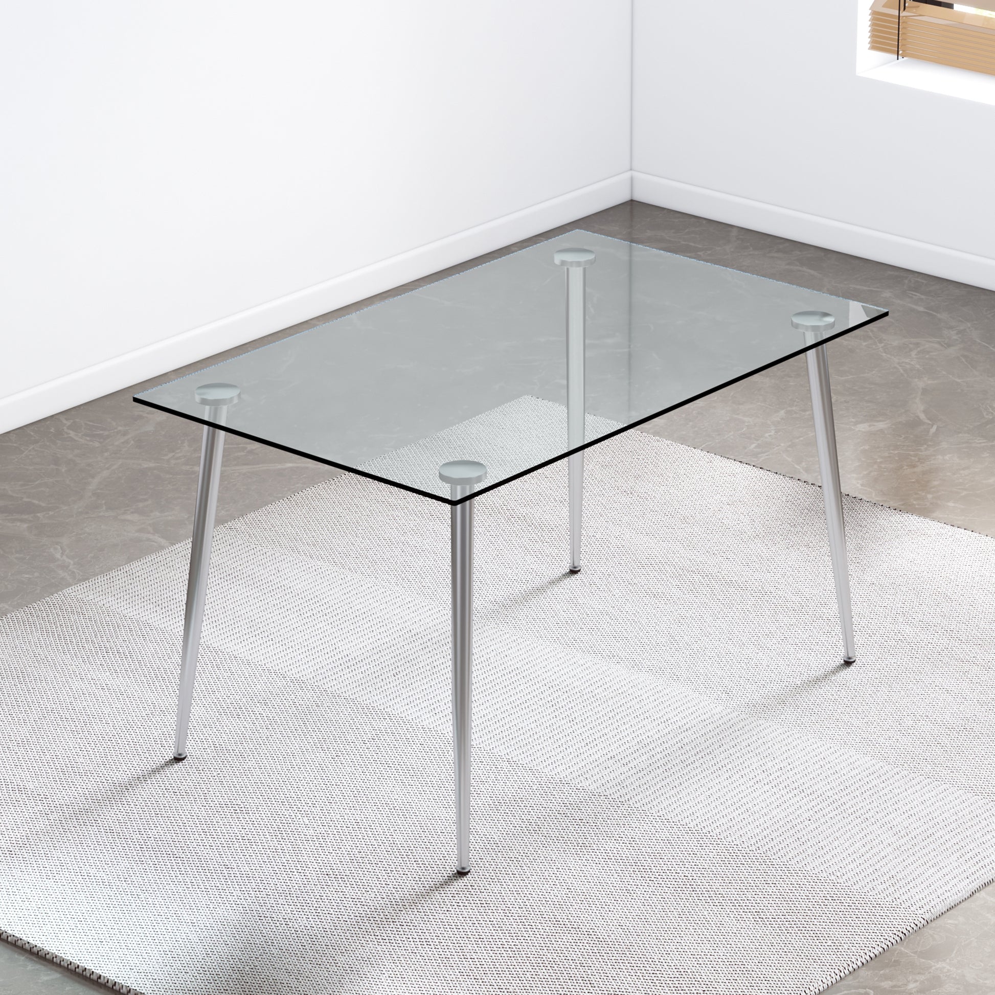 Modern Minimalist Rectangular Glass Dining Table For 4 6 With 0.31" Tempered Glass Tabletop And Silver Plating Metal Legs, Writing Table Desk, For Kitchen Dining Living Room, 51" *31"* 30" .F 1544 Transparent Seats 4 Glass