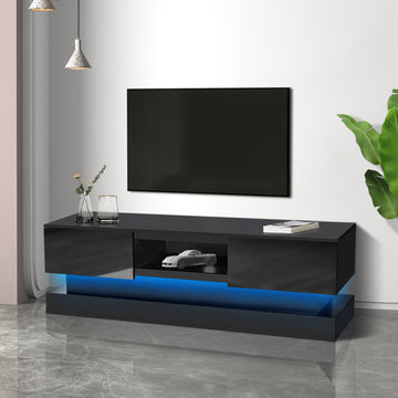 51.18Inch Black Morden Tv Stand With Led Lights,High Glossy Front Tv Cabinet,Can Be Assembled In Lounge Room, Living Room Or Bedroom,Color:Black Black Primary Living Space 50 Inches 50 59 Inches Classic 55 Inches Foam Particle Board