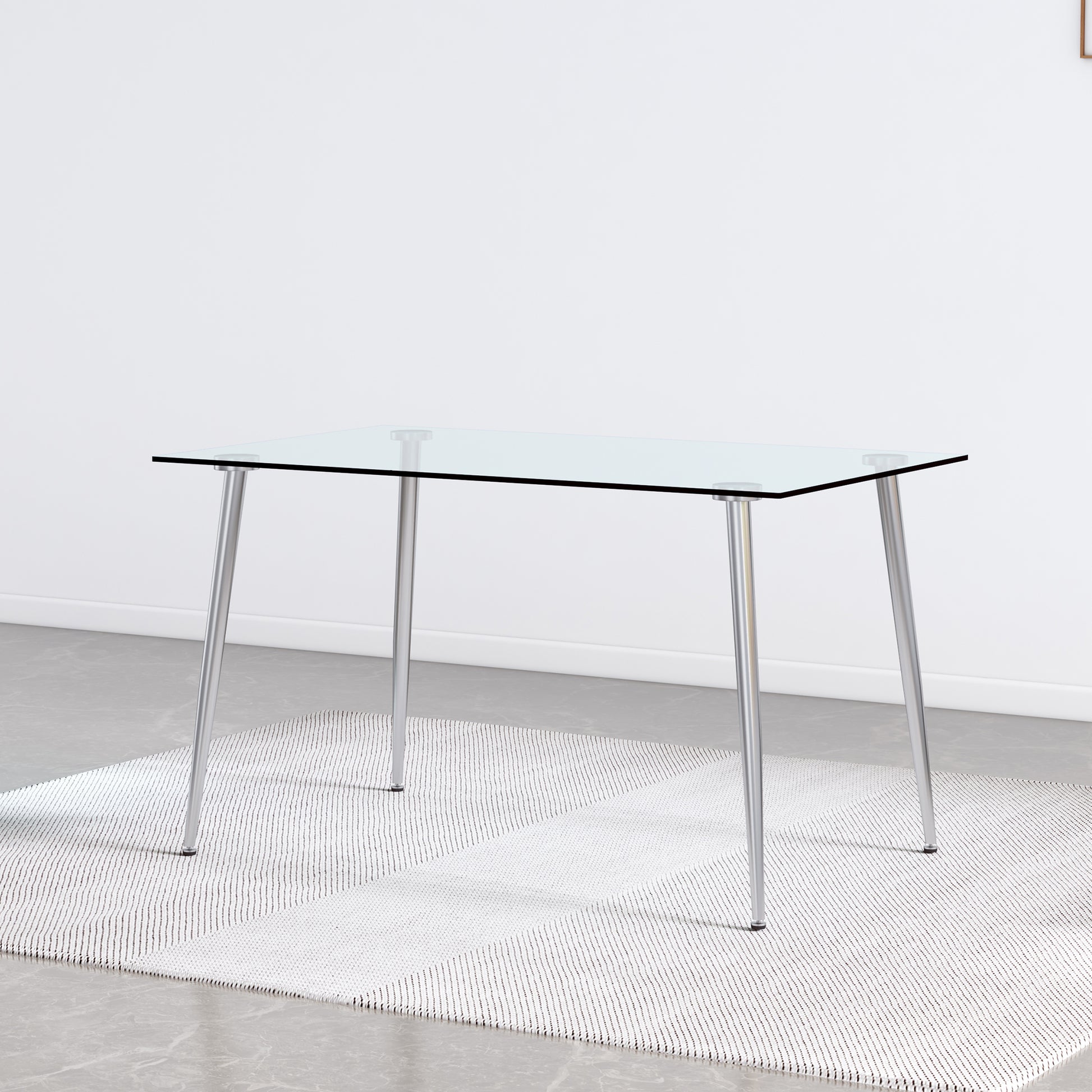 Modern Minimalist Rectangular Glass Dining Table For 4 6 With 0.31" Tempered Glass Tabletop And Silver Plating Metal Legs, Writing Table Desk, For Kitchen Dining Living Room, 51" *31"* 30" .F 1544 Transparent Seats 4 Glass