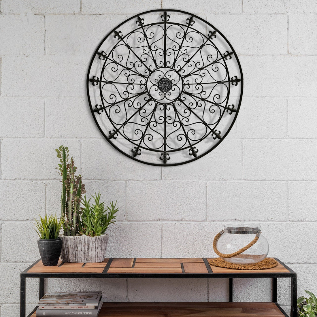 42 Inch Round Medallion Wall Mount Metal Accent Decor, Handmade Circle Design, Antique Black Black Metal