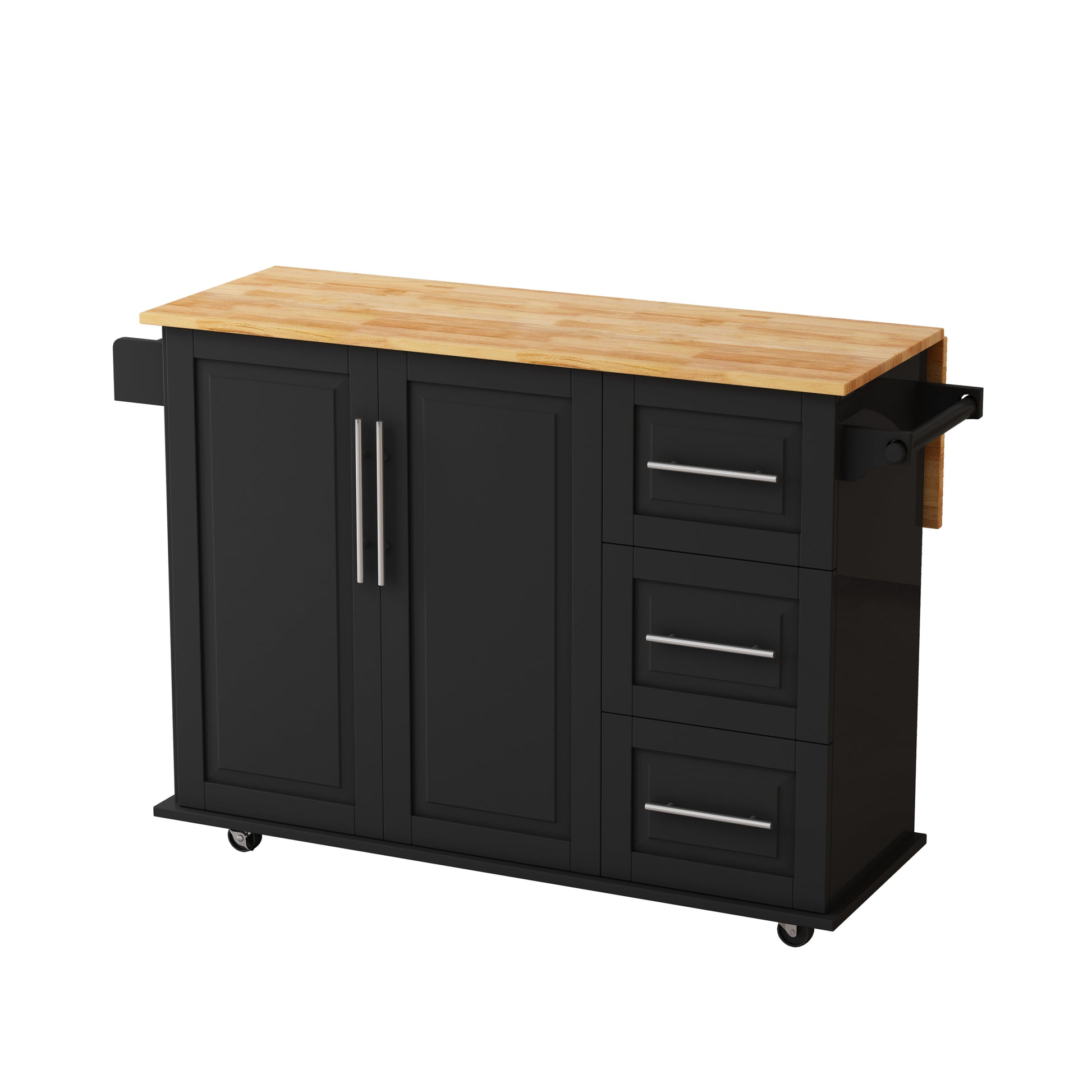 Kitchen Island Cart with 2 Door Cabinet and Three black-mdf