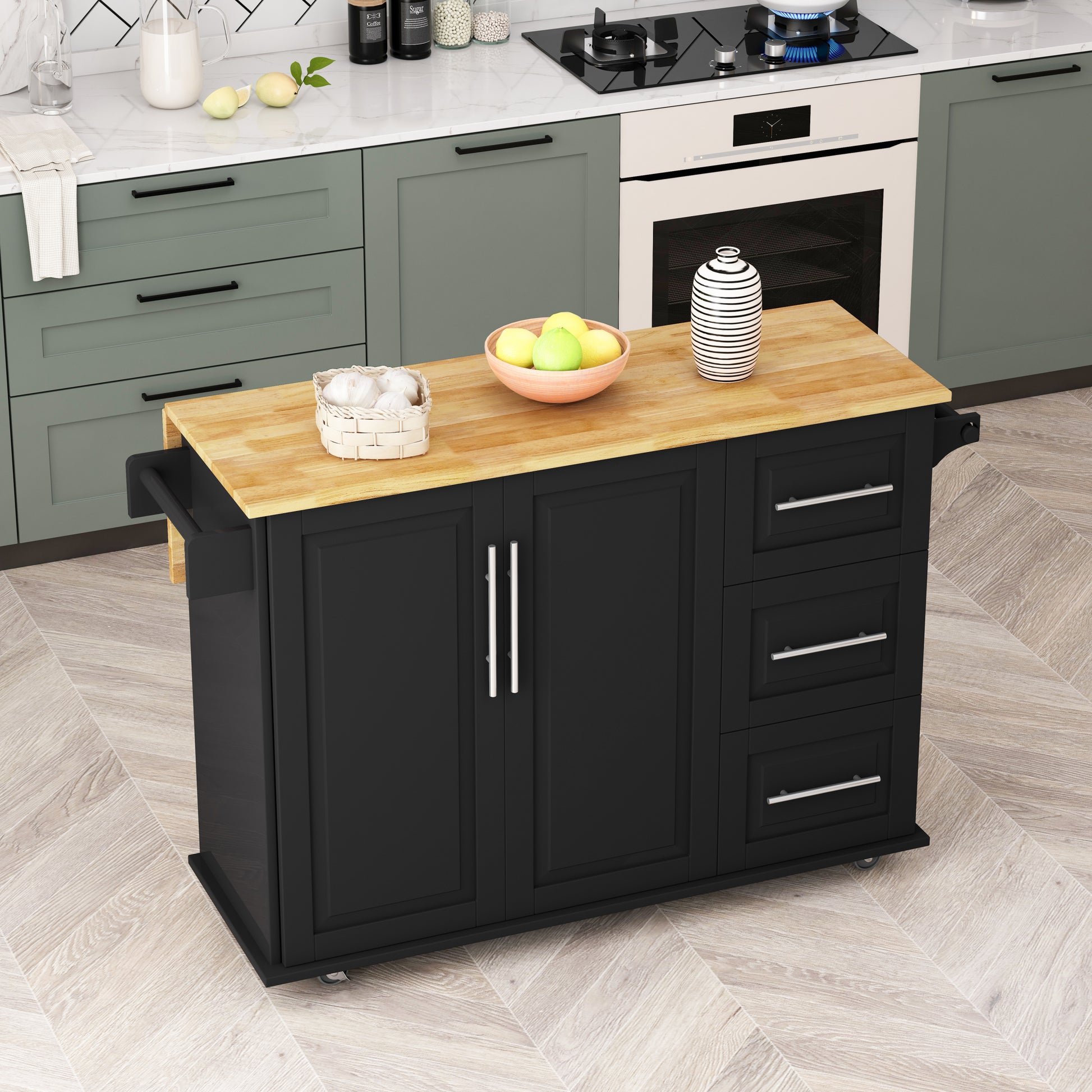 Kitchen Island Cart with 2 Door Cabinet and Three black-mdf