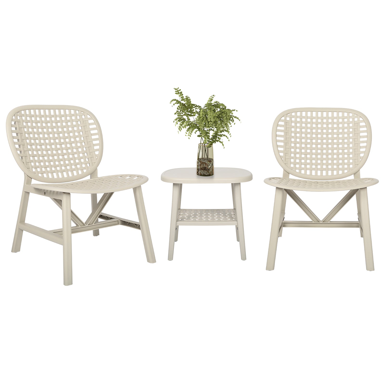 3 Pieces Hollow Design Retro Patio Table Chair Set All Weather Conversation Bistro Set Outdoor Table With Open Shelf And Lounge Chairs With Widened Seat For Balcony Garden Yard White White Polypropylene