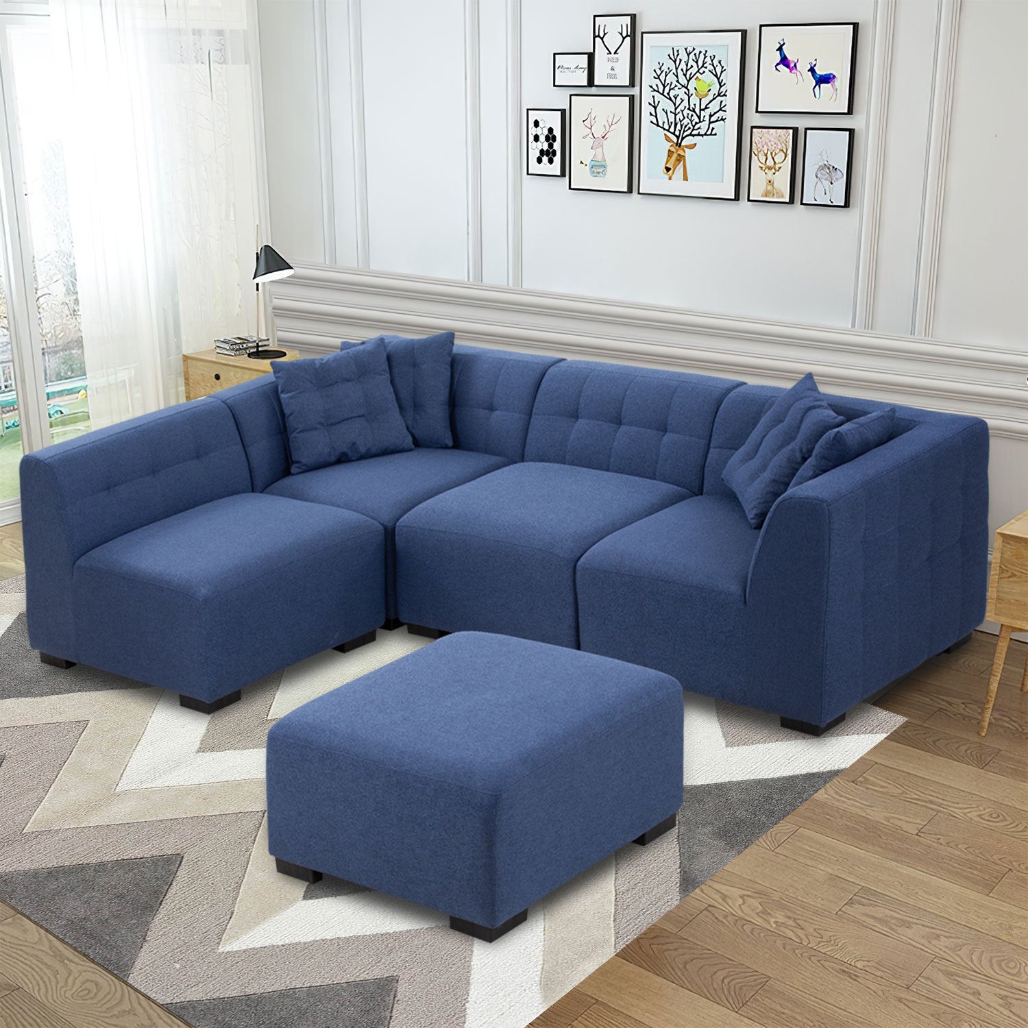 Sectional Sofa with Ottoman DIY Combination Sofa Blue dark blue-fabric
