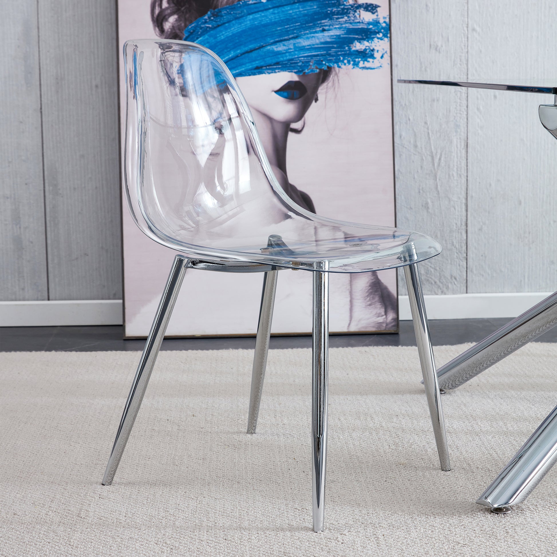 Modern Minimalist Transparent Dining Chair, Plastic Chair, Armless Crystal Chair, Nordic Creative Makeup Stool, Negotiation Chair, Silver Plated Metal Leg 6 Piece Set, Tw 1200 Silver Metal