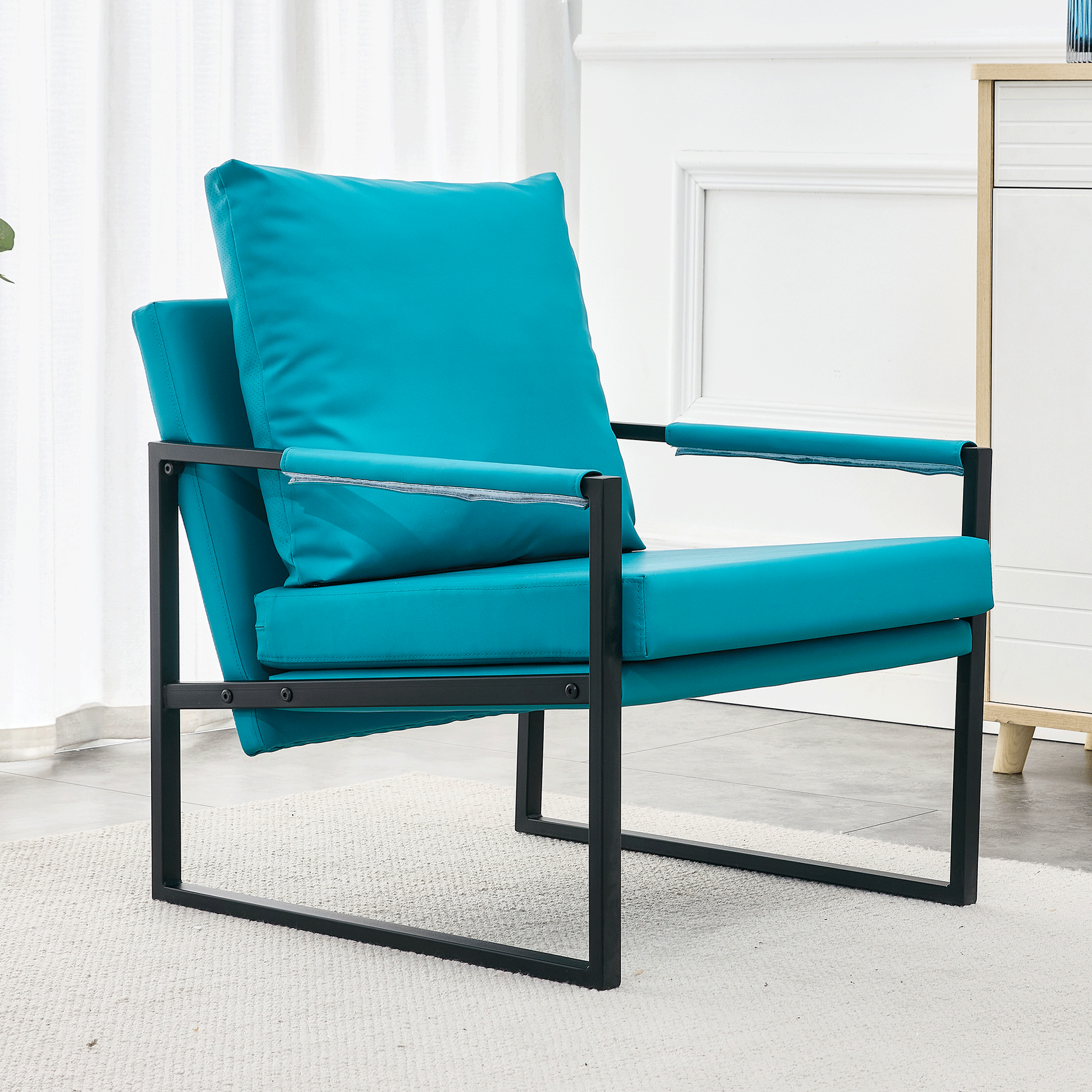 Pu Leather Accent Arm Chair Mid Century Modern Upholstered Armchair With Metal Frame Extra Thick Padded Backrest And Seat Cushion Sofa Chairs For Living Room Cyan Pu Leather Metal Foam Sf 008 Cyan Foam Pu