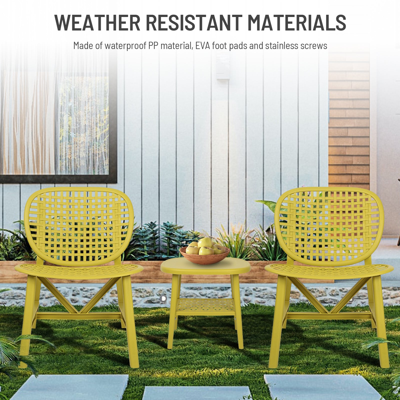 3 Pieces Hollow Design Patio Table Chair Set All Weather Conversation Bistro Set Outdoor Coffee Table With Open Shelf And Lounge Chairs With Widened Seat For Balcony Garden Yard Yellow Yellow Polypropylene