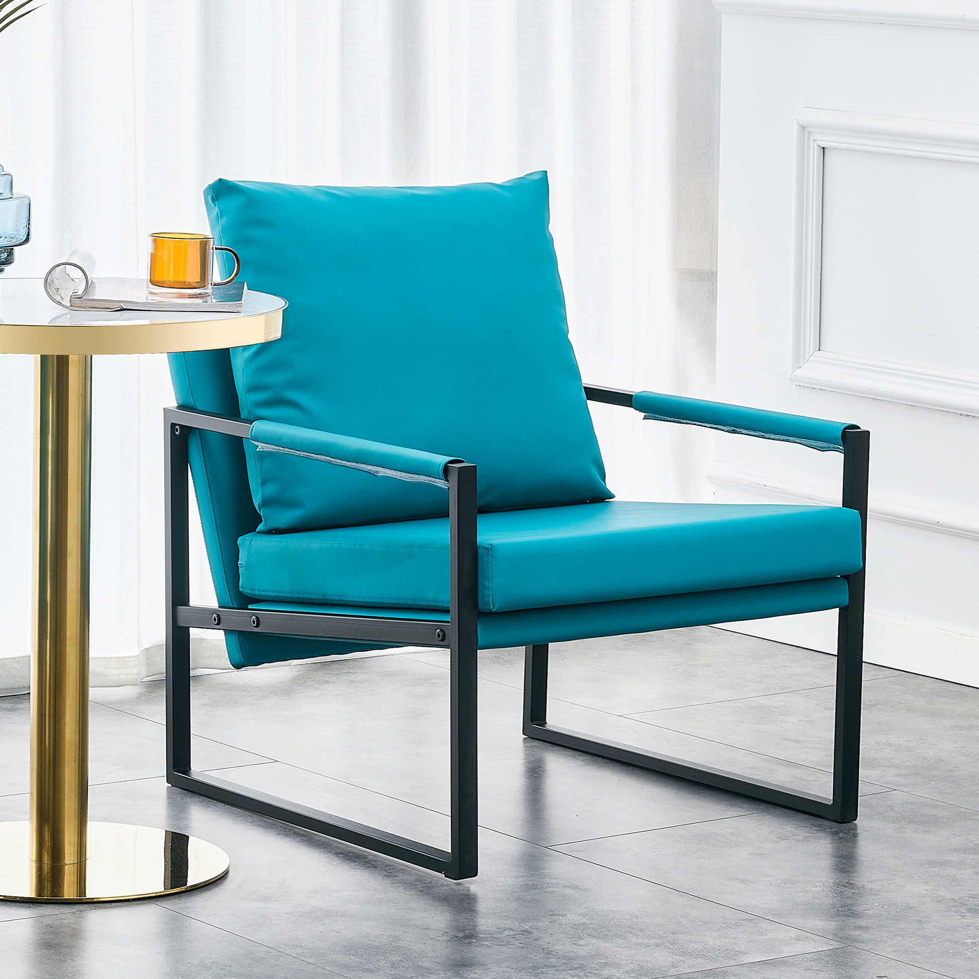 Pu Leather Accent Arm Chair Mid Century Modern Upholstered Armchair With Metal Frame Extra Thick Padded Backrest And Seat Cushion Sofa Chairs For Living Room Cyan Pu Leather Metal Foam Sf 008 Cyan Foam Pu