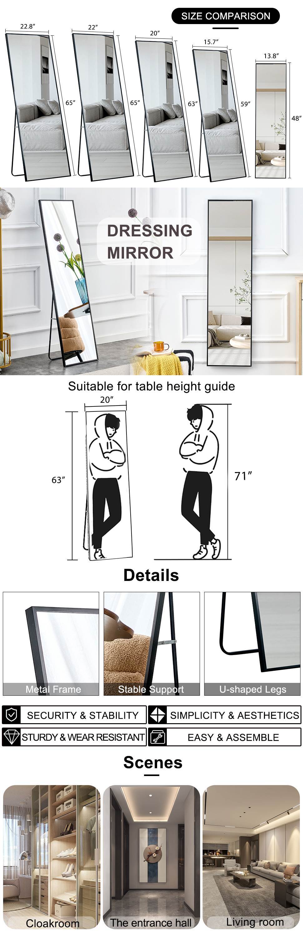 Full Length Mirror Aluminium Alloy Metal Frame Wall Mounted Full Body Mirror ,Bathroom Vanity Mirror, Bedroom Home Porch, Decorative Mirror, Clothing Store Black 48"*13.8"W115158169 Black Glass