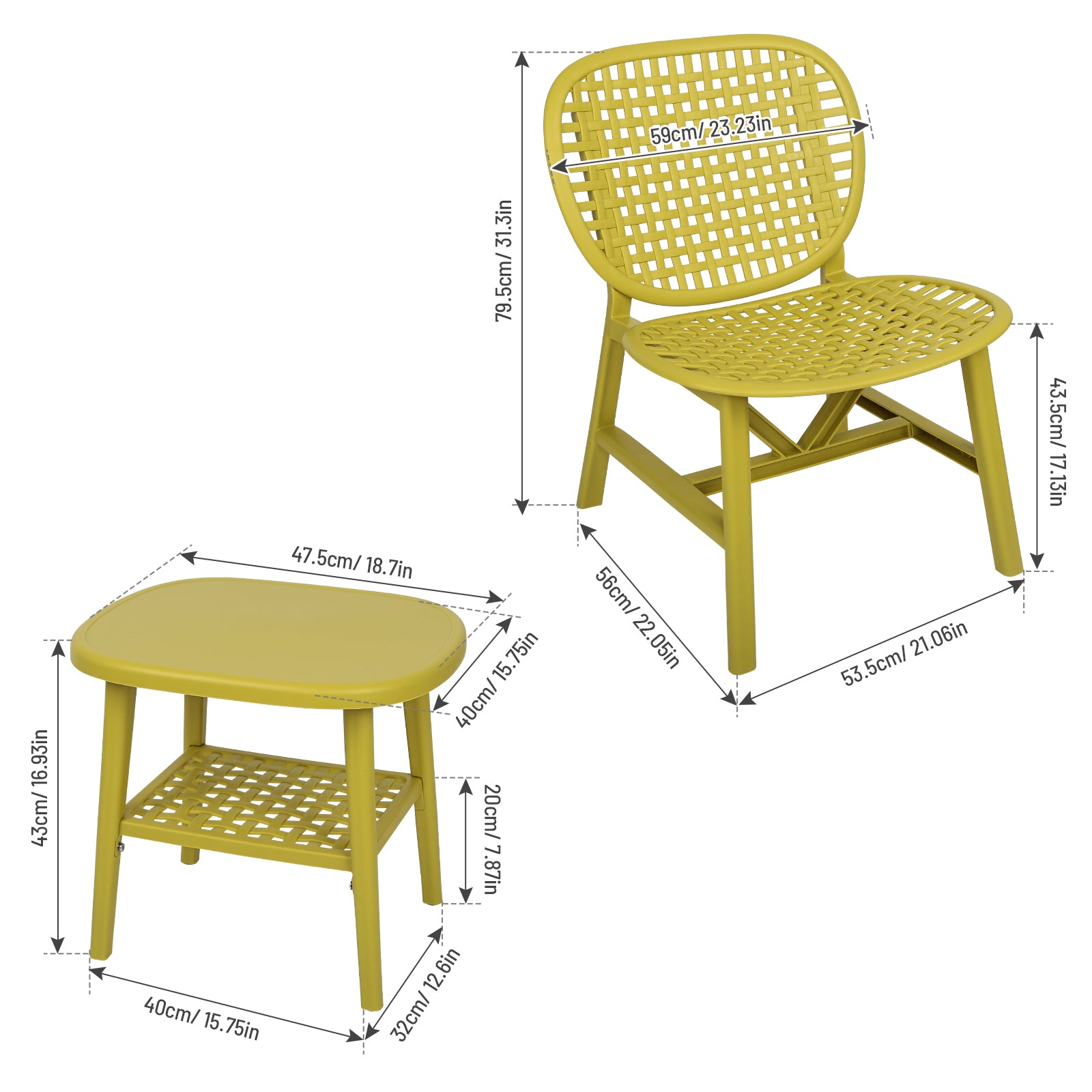 3 Pieces Hollow Design Patio Table Chair Set All Weather Conversation Bistro Set Outdoor Coffee Table With Open Shelf And Lounge Chairs With Widened Seat For Balcony Garden Yard Yellow Yellow Polypropylene
