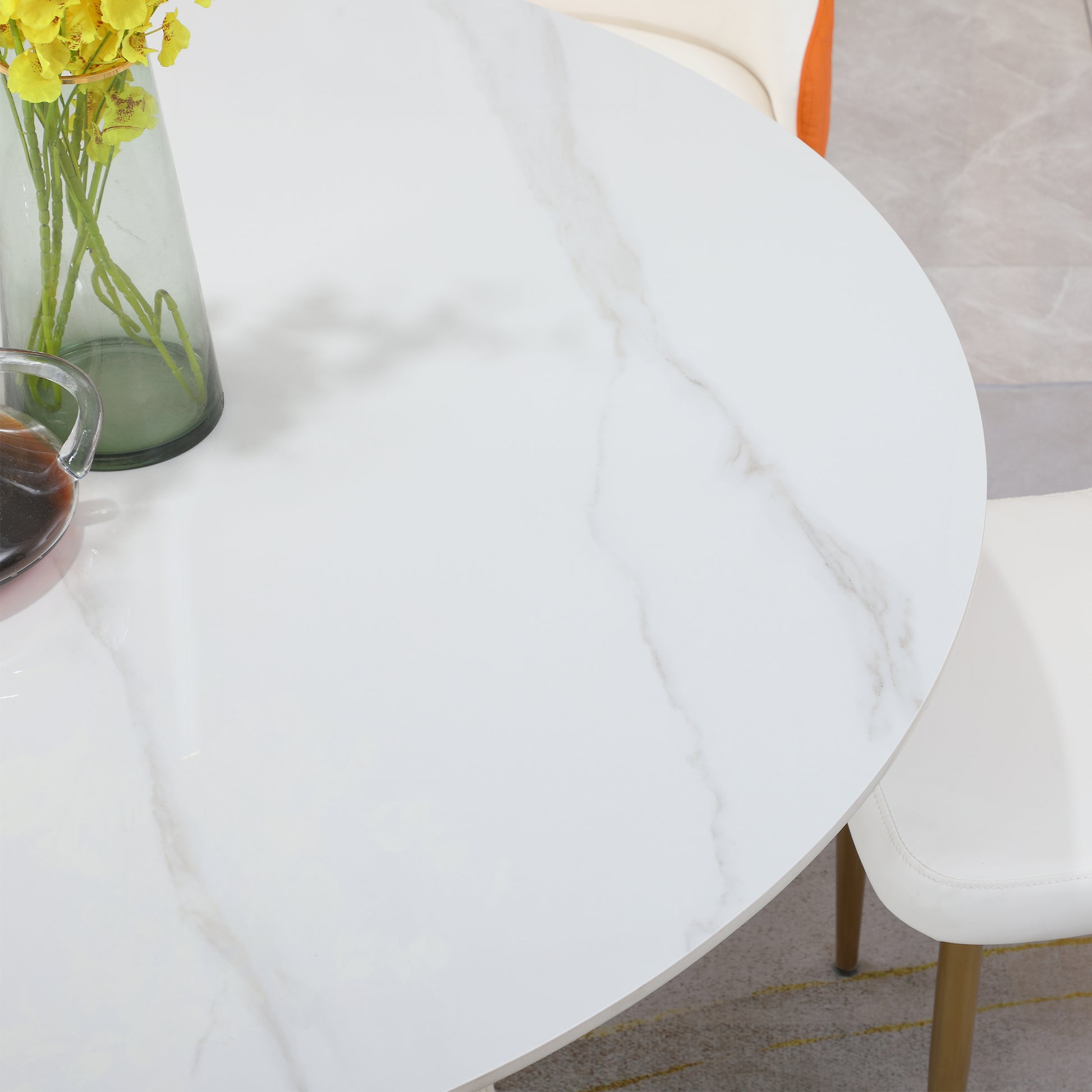 53 Inch Round Sintered Stone Carrara White Dining Table White Metal & Wood Metal