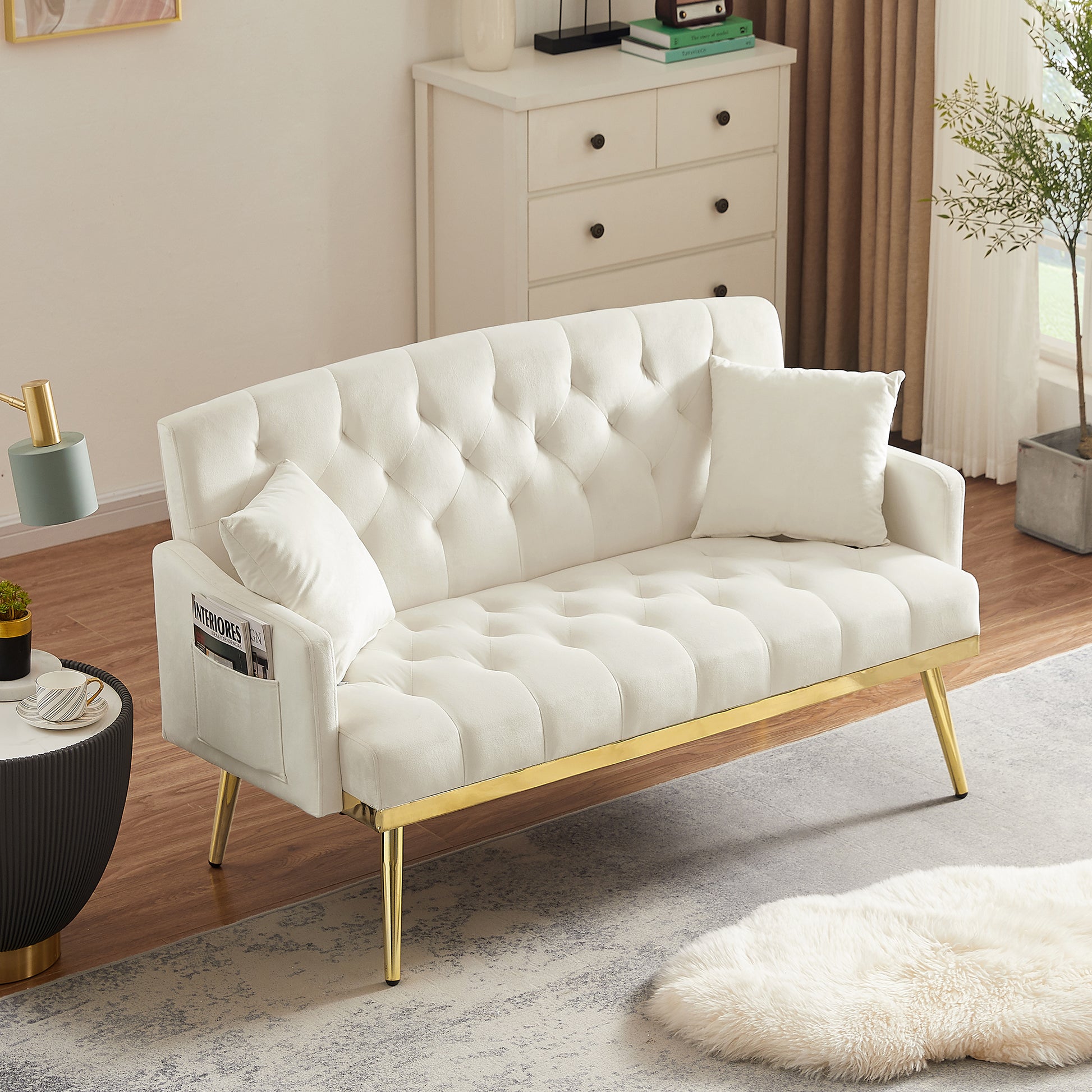 CREAM WHITE 2 SEATER SOFA cream white-wood-tufted back-velvet-2 seat