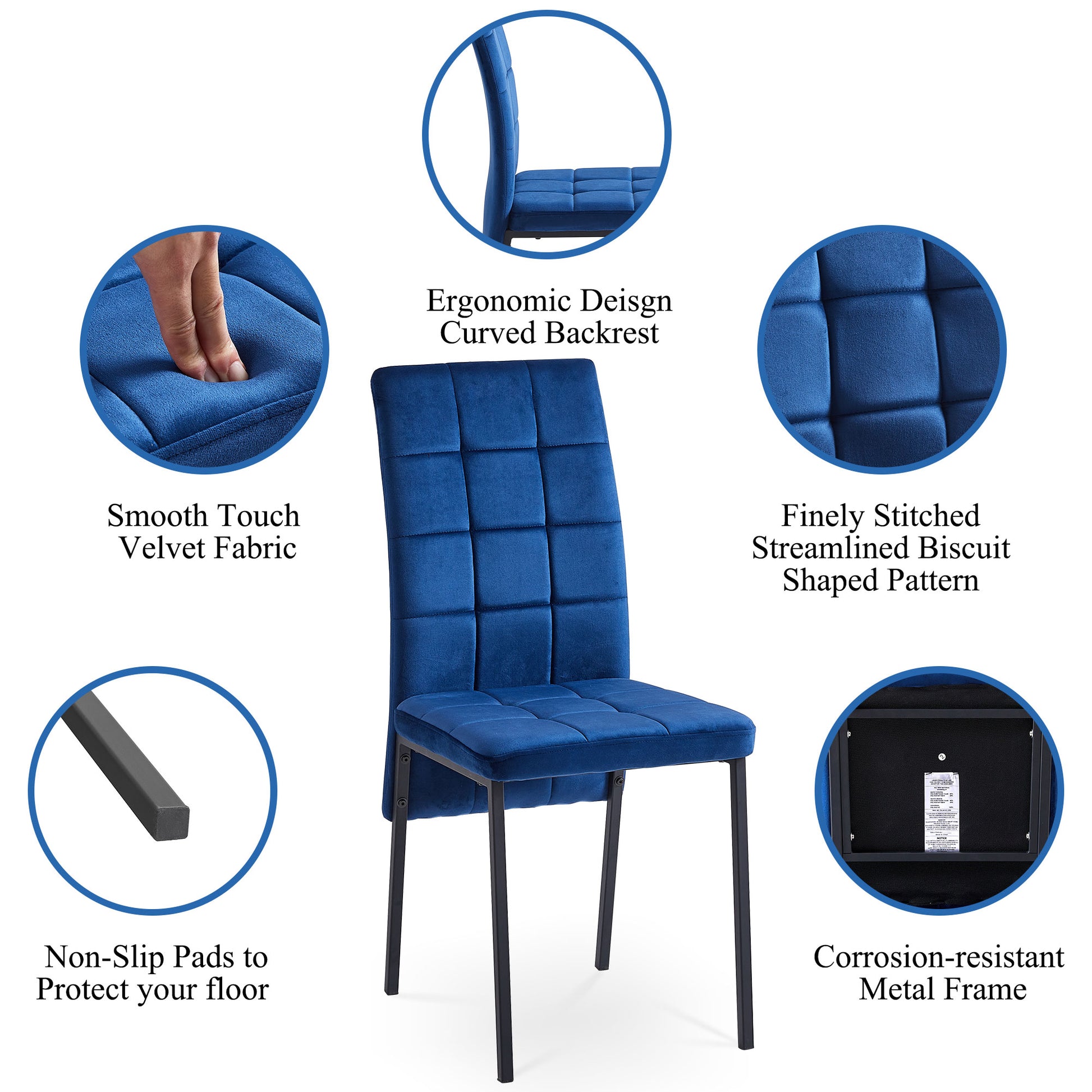 Dark Blue Velvet High Back Nordic Dining Chair Modern Fabric Chair With Black Legs, Set Of 2 Dark Blue Velvet