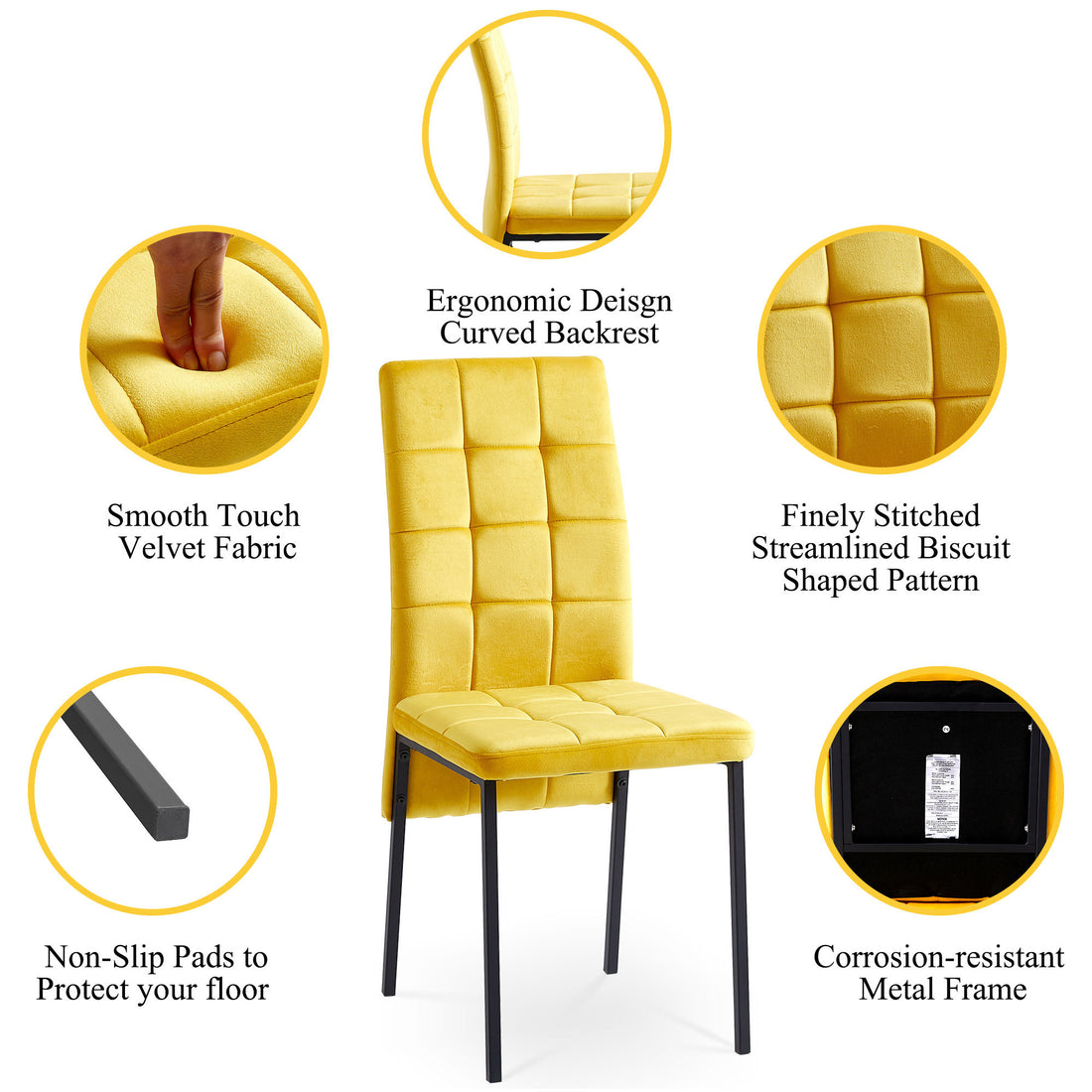 Yellow Velvet High Back Nordic Dining Chair Modern Fabric Chair With Black Legs, Set Of 4 Metal Plaid Yellow Dining Room Powder Coated Foam Dry Clean Modern Dining Chairs Solid Back Foam Velvet