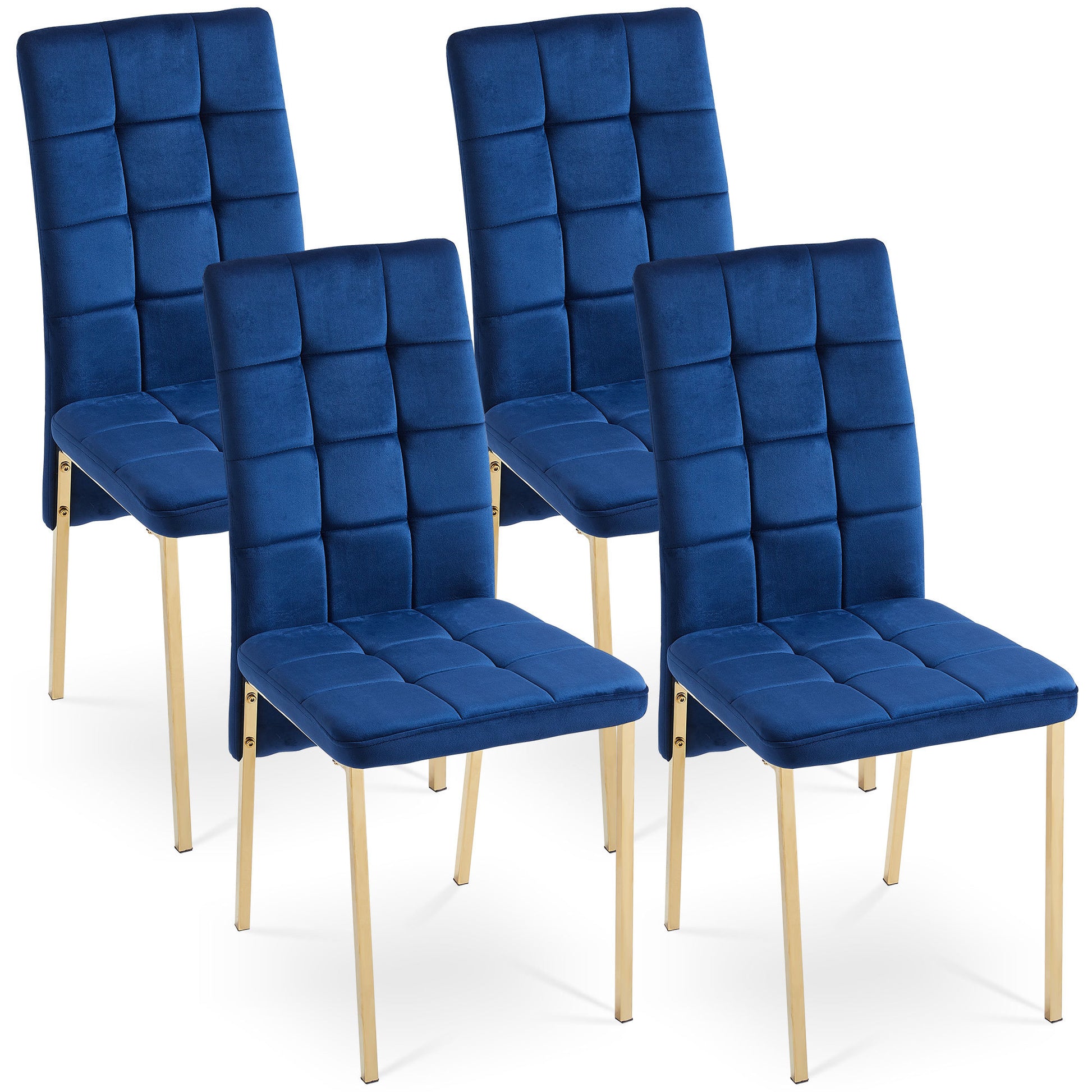 Dark Blue Velvet High Back Nordic Dining Chair Modern Fabric Chair With Golden Color Legs, Set Of 4 Metal Plaid Dark Blue Dining Room Powder Coated Foam Dry Clean Modern Dining Chairs Solid Back Foam Velvet