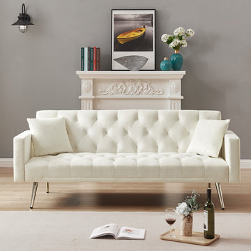 Cream White Convertible Folding Futon Sofa Bedsleeper Sofa Couch For Compact Living Space. Cream White Wood Primary Living Space Tufted Back Square Arms Foam Velvet