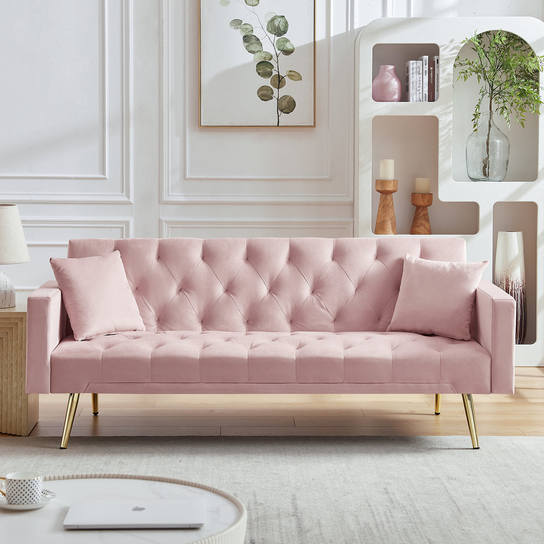 Pink Convertible Folding Futon Sofa Bedsleeper Sofa Couch For Compact Living Space. Pink Wood Primary Living Space Tufted Back Square Arms Foam Velvet