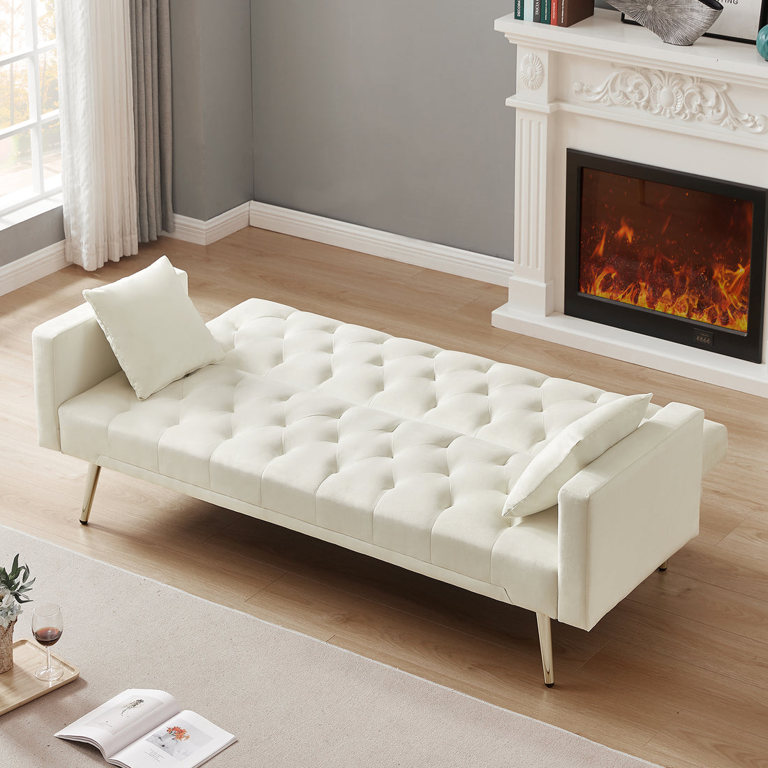Cream White Convertible Folding Futon Sofa Bedsleeper Sofa Couch For Compact Living Space. Cream White Wood Primary Living Space Tufted Back Square Arms Foam Velvet
