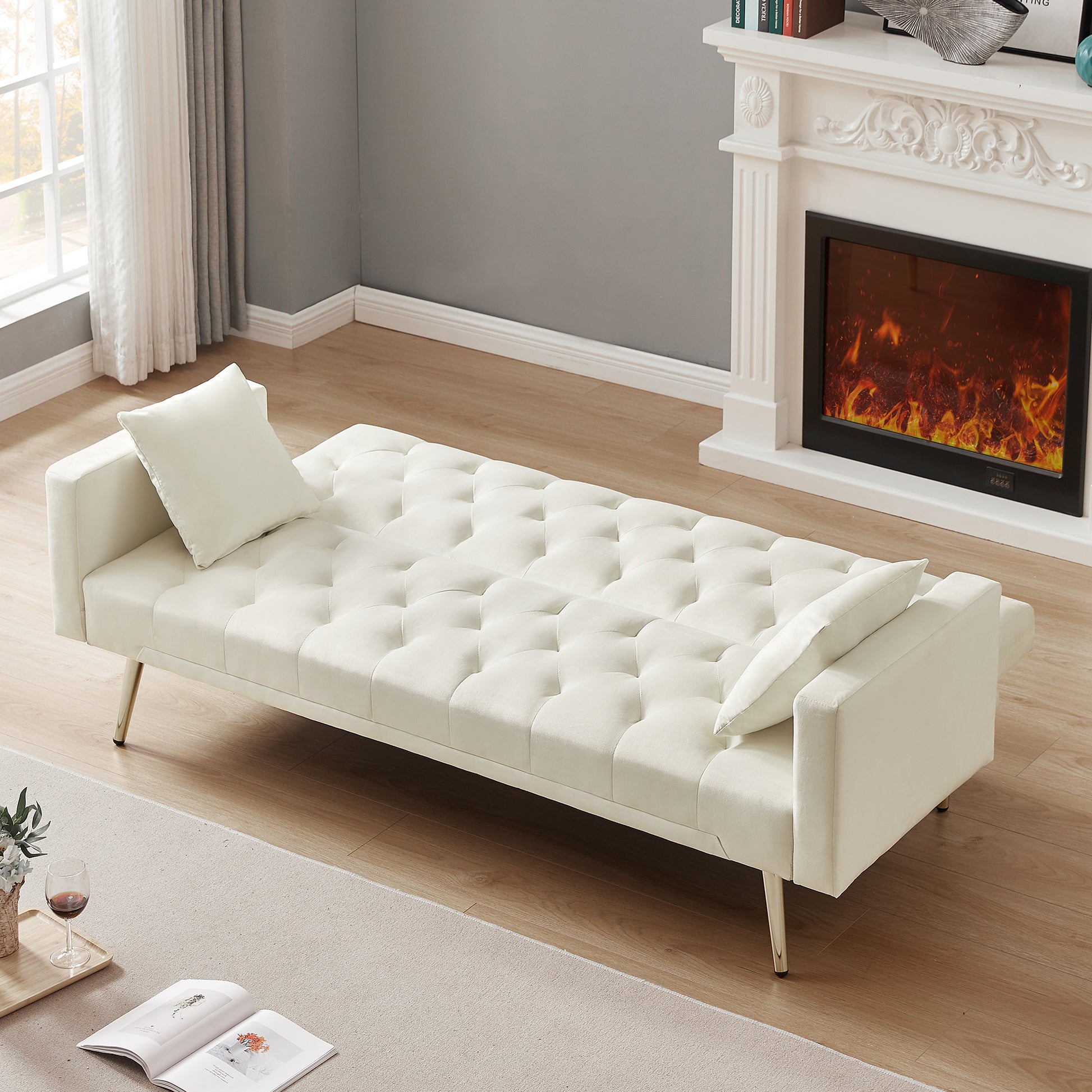 Cream White Convertible Folding Futon Sofa Bedsleeper Sofa Couch For Compact Living Space. Cream White Wood Primary Living Space Tufted Back Square Arms Foam Velvet