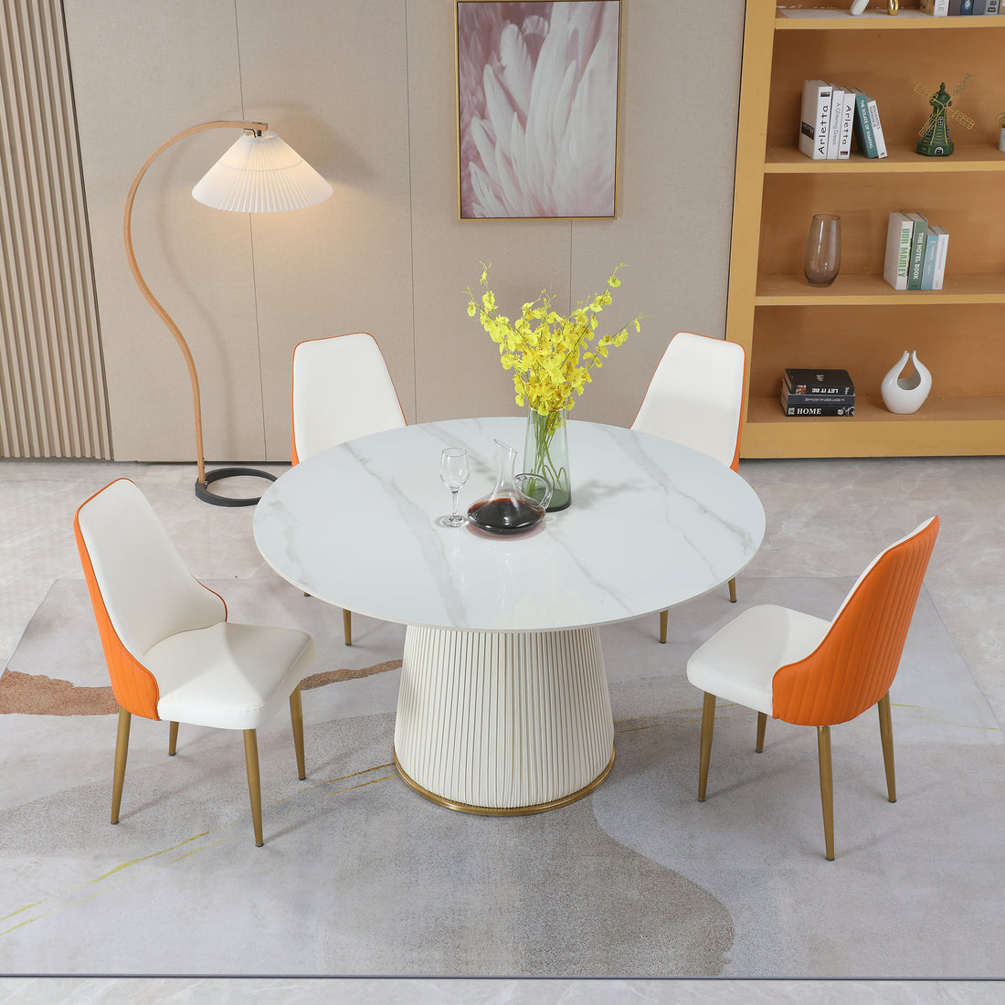 53 Inch Round Sintered Stone Carrara White Dining Table White Metal & Wood Metal