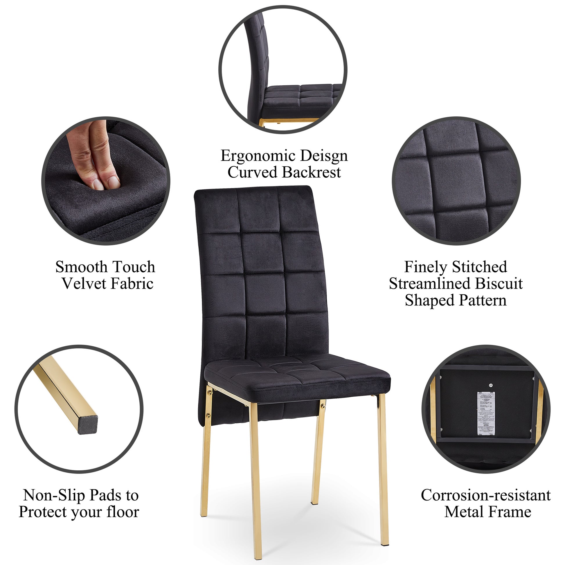 Black Velvet High Back Nordic Dining Chair Modern Fabric Chair With Golden Color Legs, Set Of 4 Metal Plaid Black Dining Room Powder Coated Foam Dry Clean Modern Dining Chairs Solid Back Foam Velvet