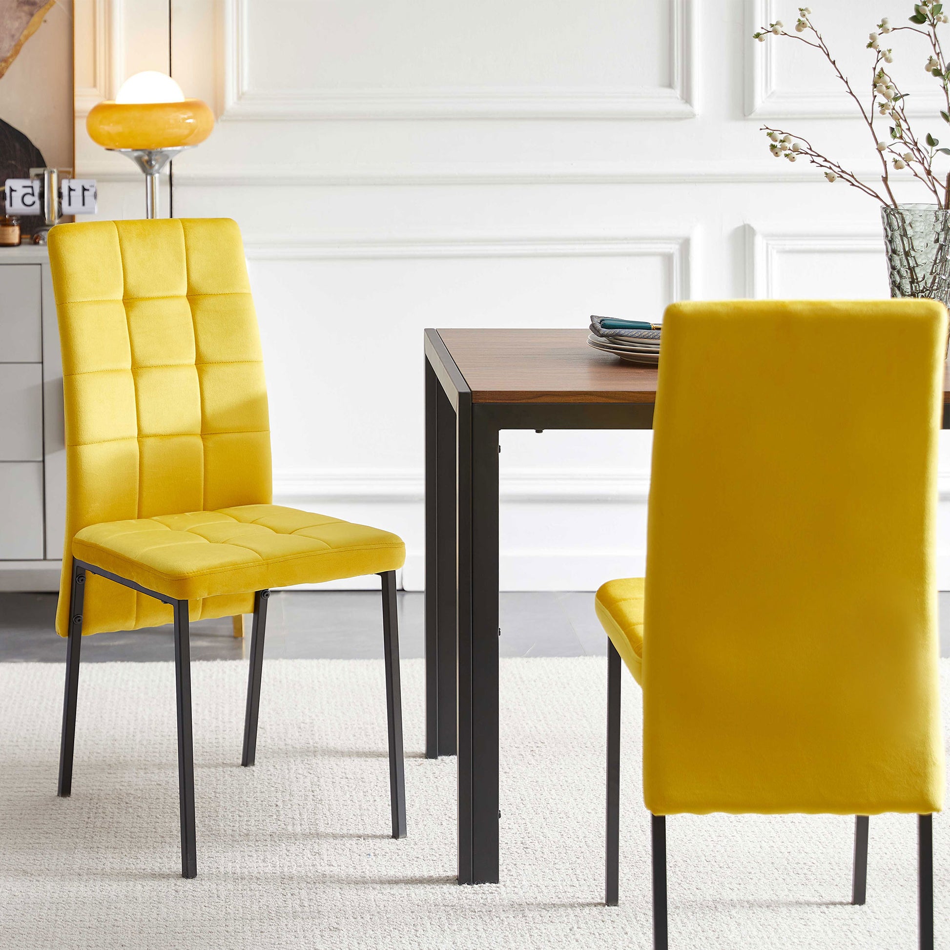 Yellow Velvet High Back Nordic Dining Chair Modern Fabric Chair With Black Legs, Set Of 2 Yellow Velvet