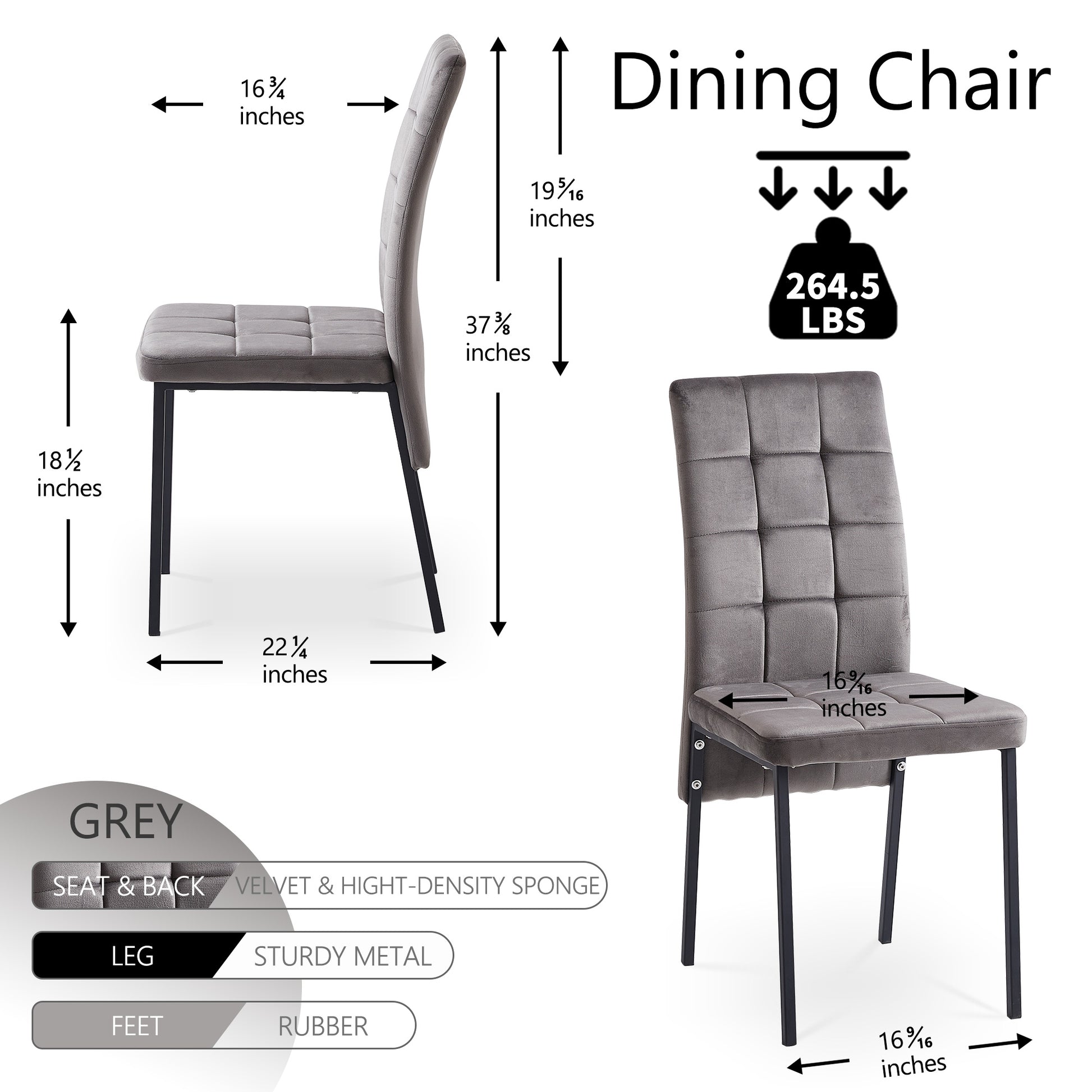 Grey Velvet High Back Nordic Dining Chair Modern Fabric Chair With Black Legs, Set Of 2 Grey Velvet