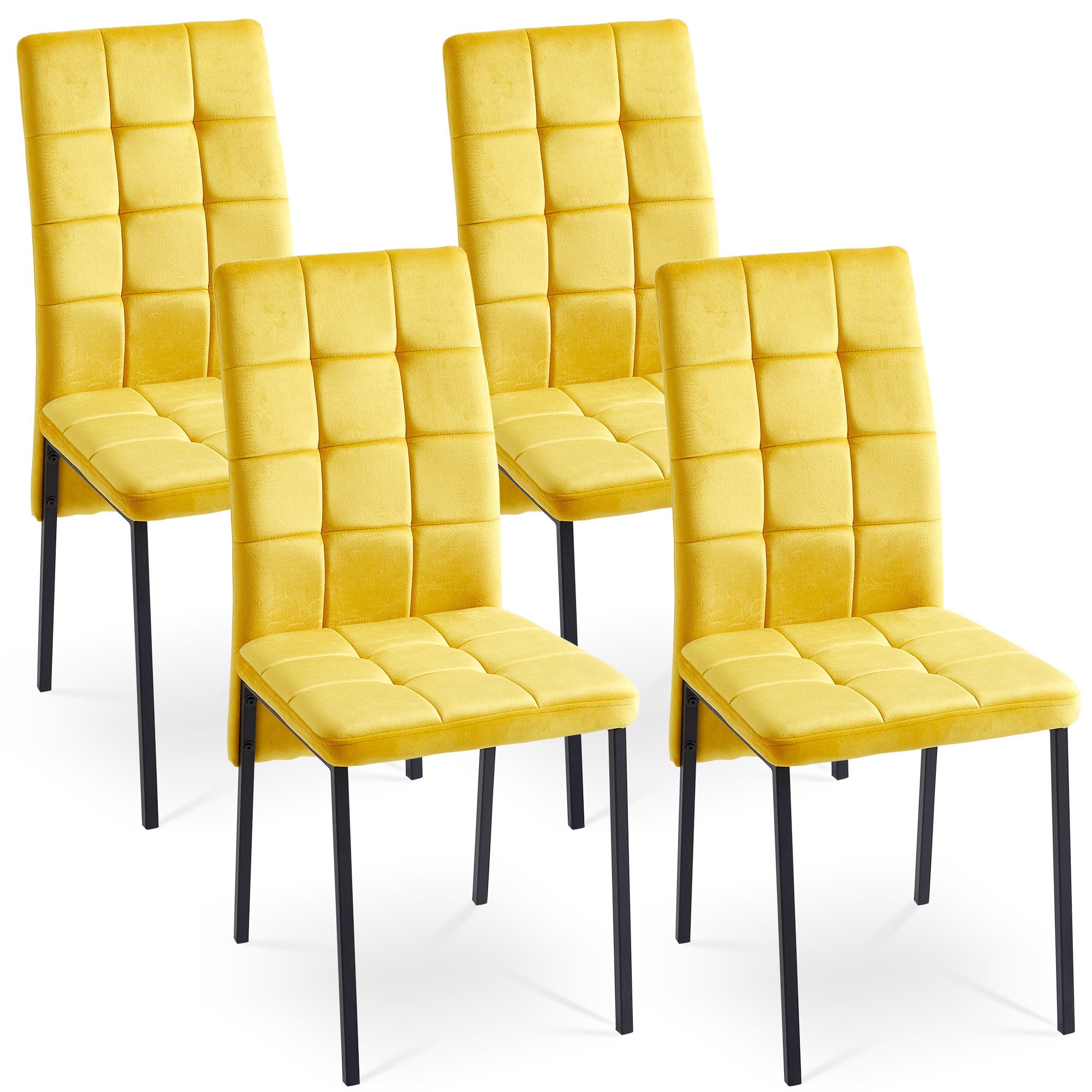 Yellow Velvet High Back Nordic Dining Chair Modern Fabric Chair With Black Legs, Set Of 4 Metal Plaid Yellow Dining Room Powder Coated Foam Dry Clean Modern Dining Chairs Solid Back Foam Velvet