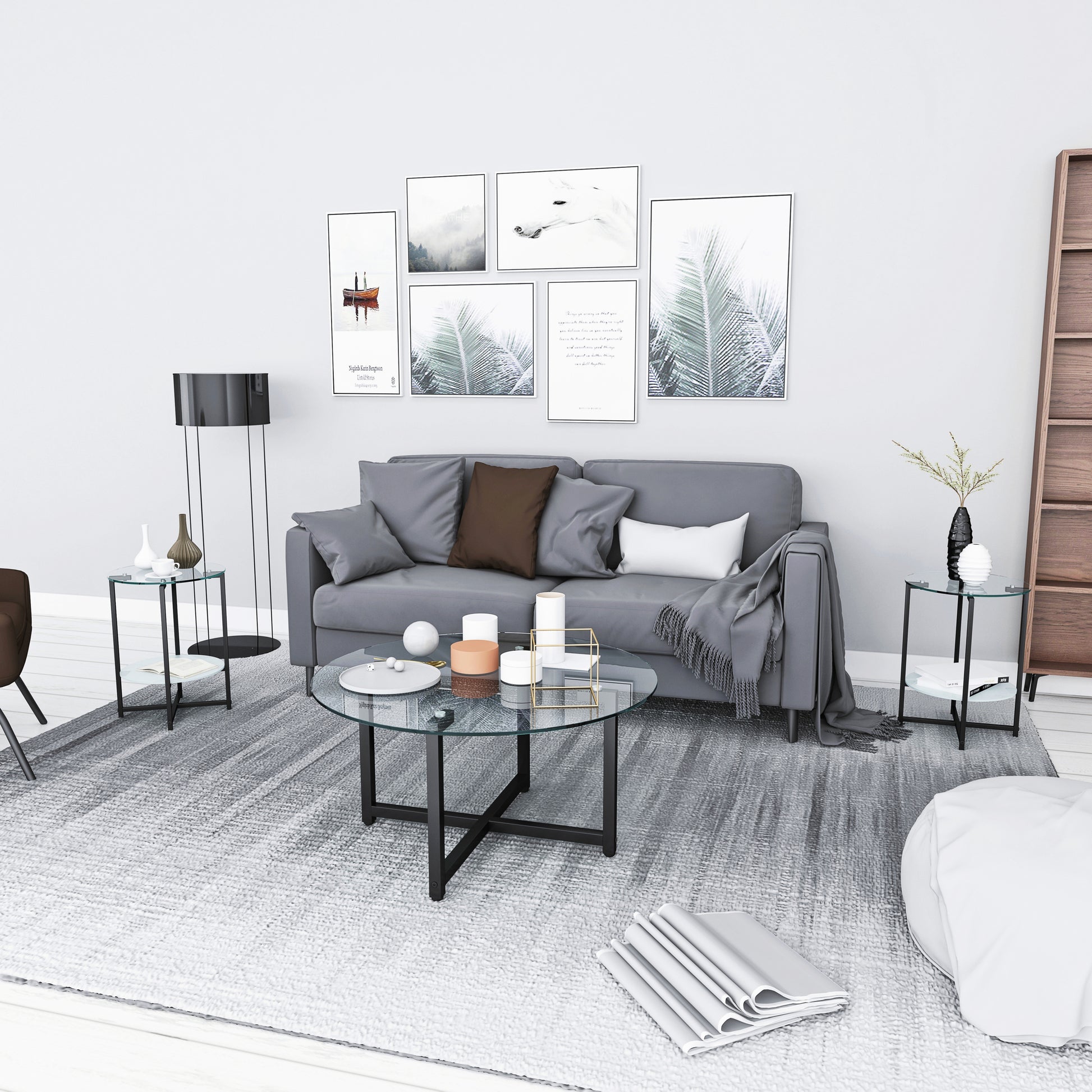 Round Transparent Glass Black Leg Coffee Table, Clear Coffee Table Modern Side Center Tables For Living Room Living Room Furniture Transparent Glass