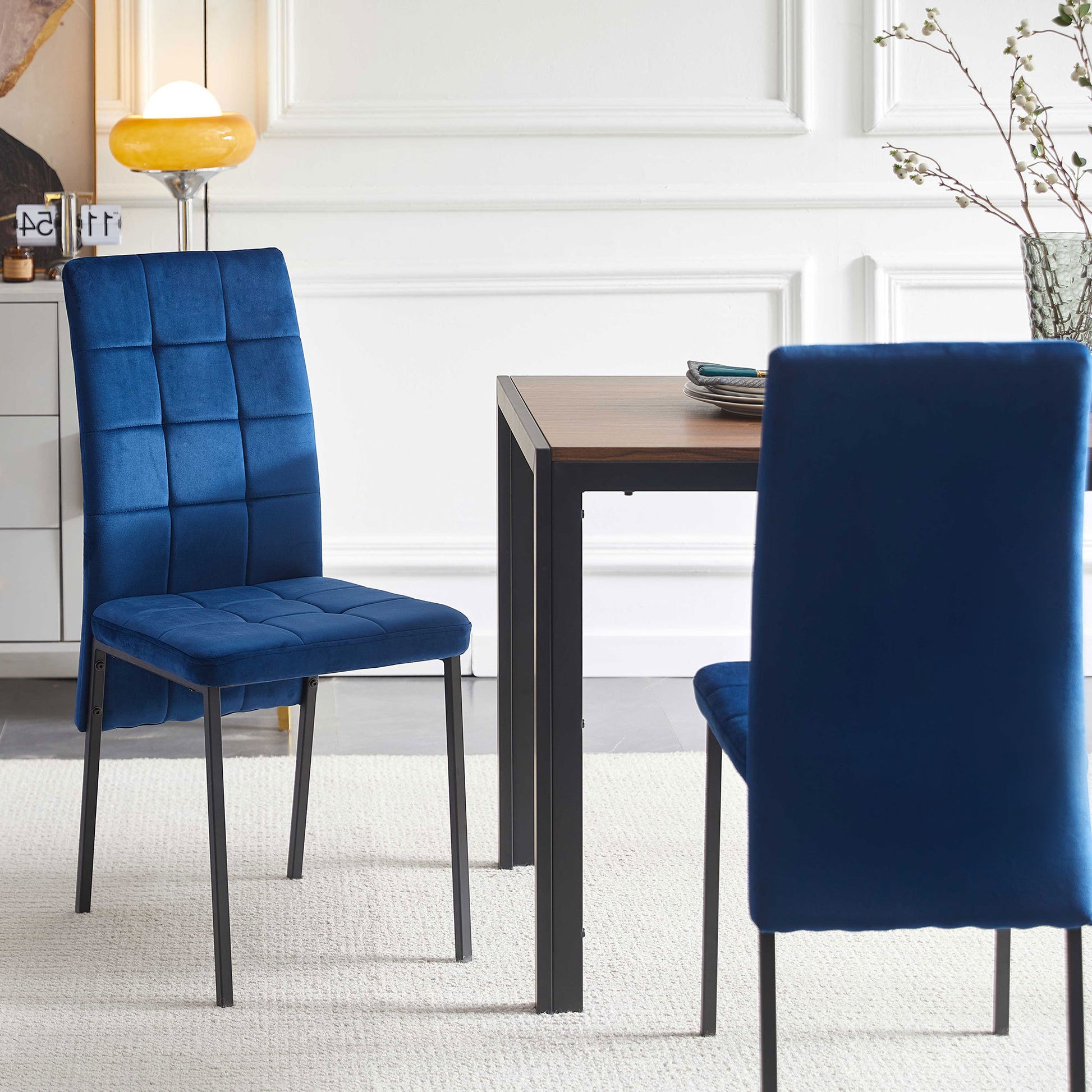 Dark Blue Velvet High Back Nordic Dining Chair Modern Fabric Chair With Black Legs, Set Of Metal Plaid Dark Blue Dining Room Powder Coated Foam Dry