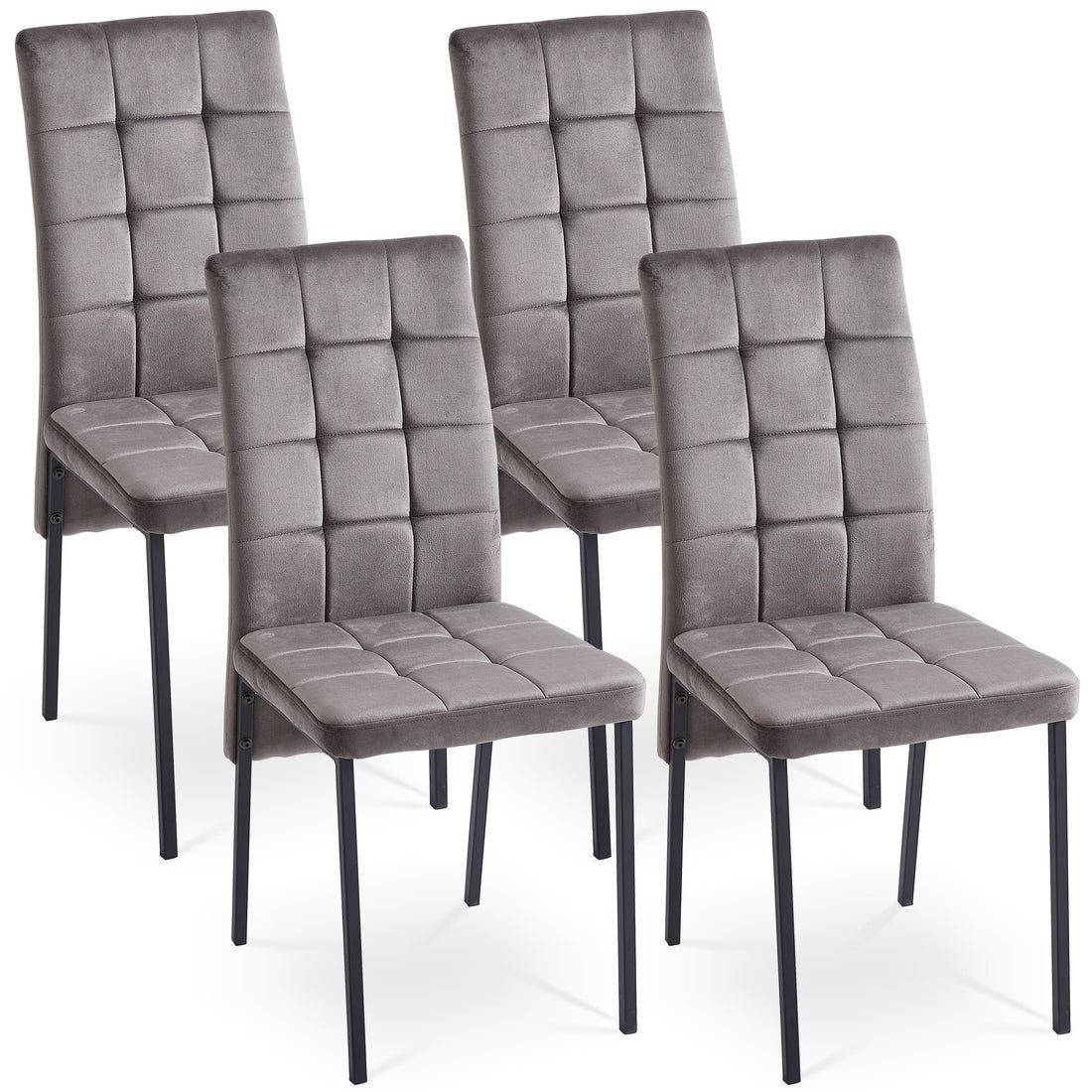 Grey Velvet High Back Nordic Dining Chair Modern Fabric Chair With Black Legs, Set Of 4 Metal Plaid Grey Dining Room Powder Coated Foam Dry Clean Modern Dining Chairs Solid Back Foam Velvet
