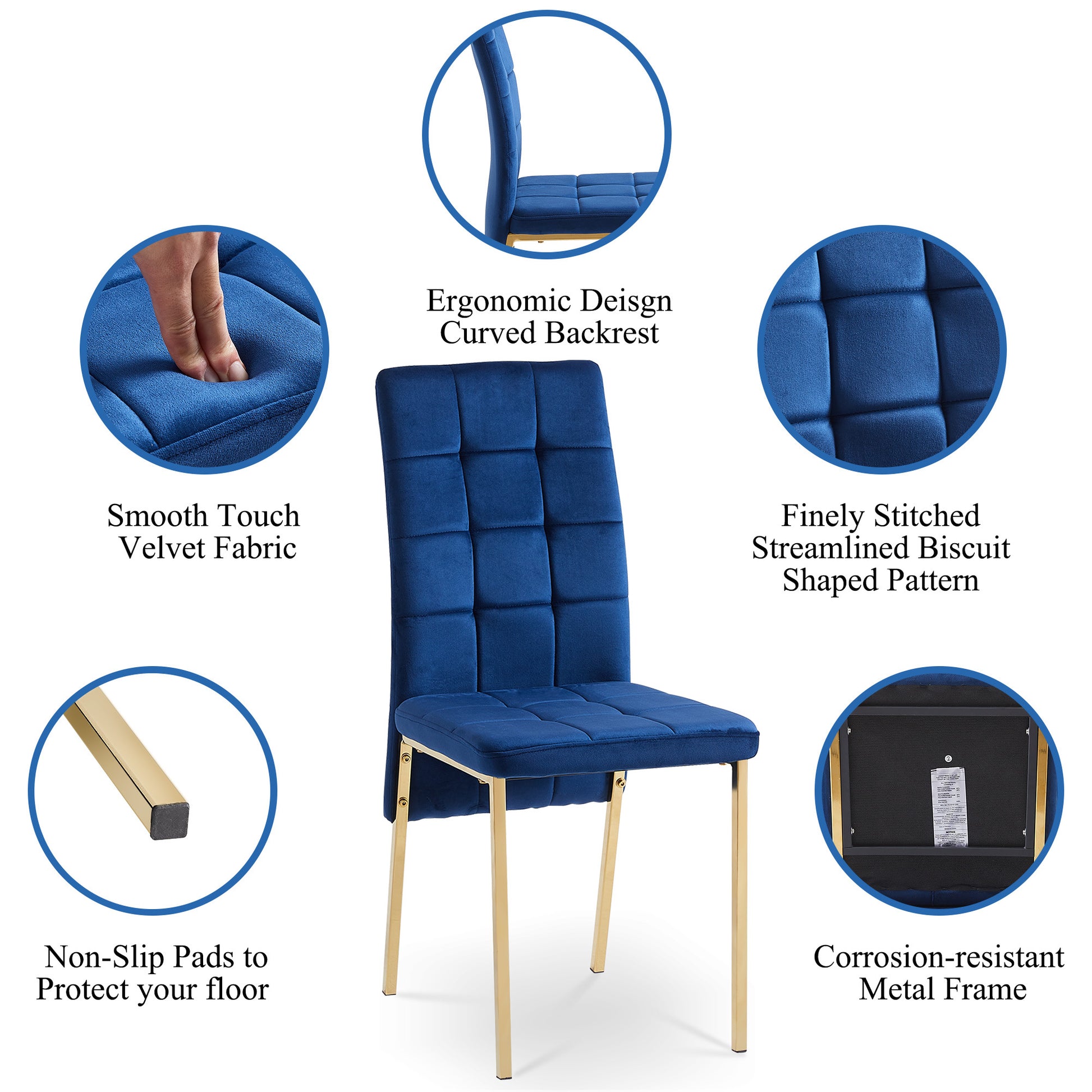 Dark Blue Velvet High Back Nordic Dining Chair Modern Fabric Chair With Golden Color Legs, Set Of 4 Metal Plaid Dark Blue Dining Room Powder Coated Foam Dry Clean Modern Dining Chairs Solid Back Foam Velvet