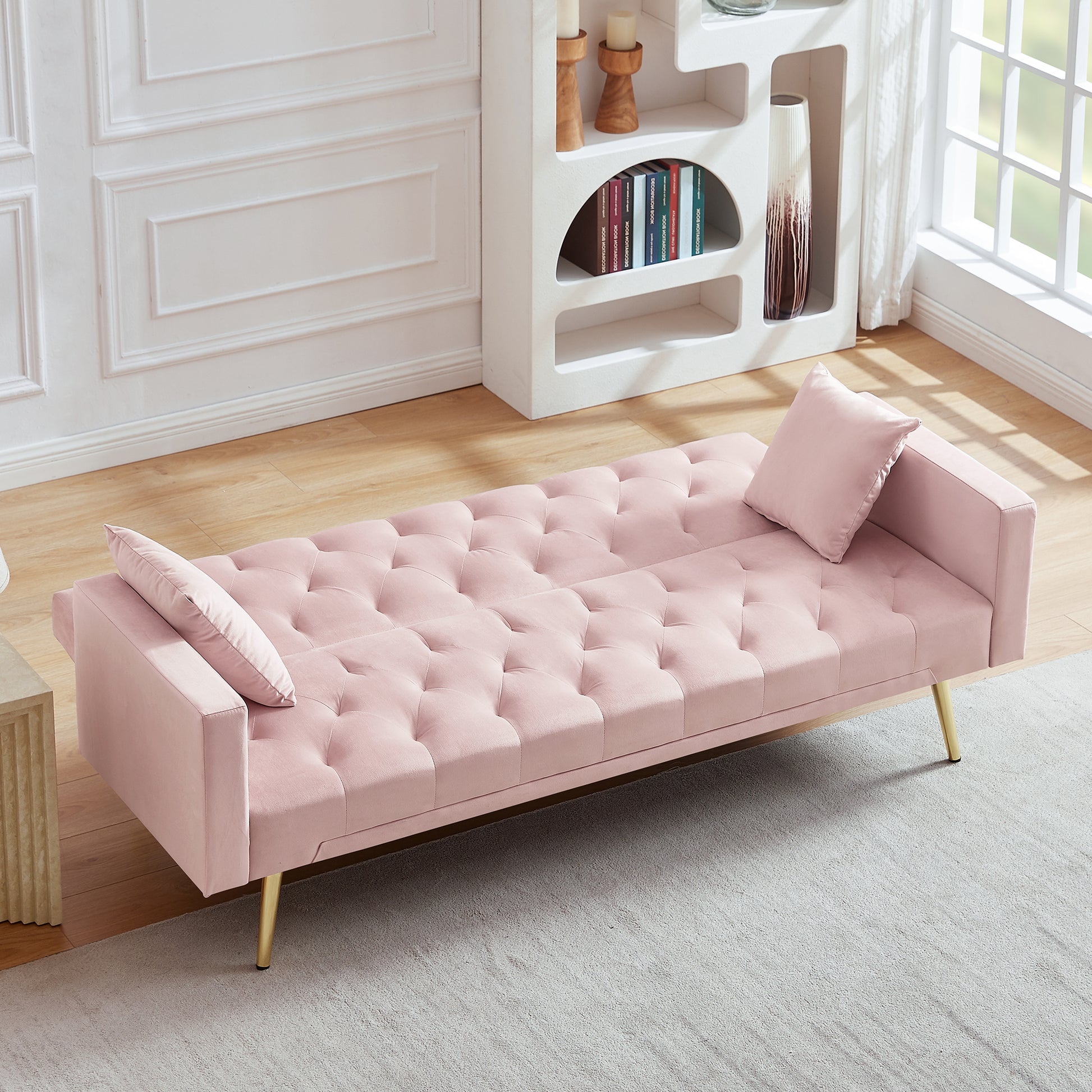 Pink Convertible Folding Futon Sofa Bedsleeper Sofa Couch For Compact Living Space. Pink Wood Primary Living Space Tufted Back Square Arms Foam Velvet