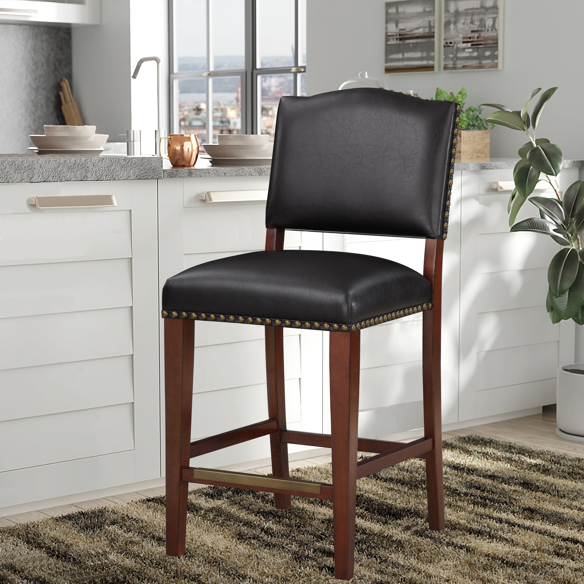 Danbers Stationary Faux Leather Brown Counter Stool With Nail Heads Dark Brown Foam Fabric