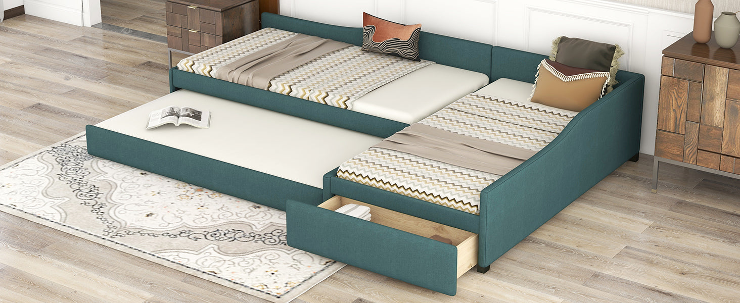 Upholstered Double Twin Size Daybed With Trundle And Drawer, Green Twin Green Plywood