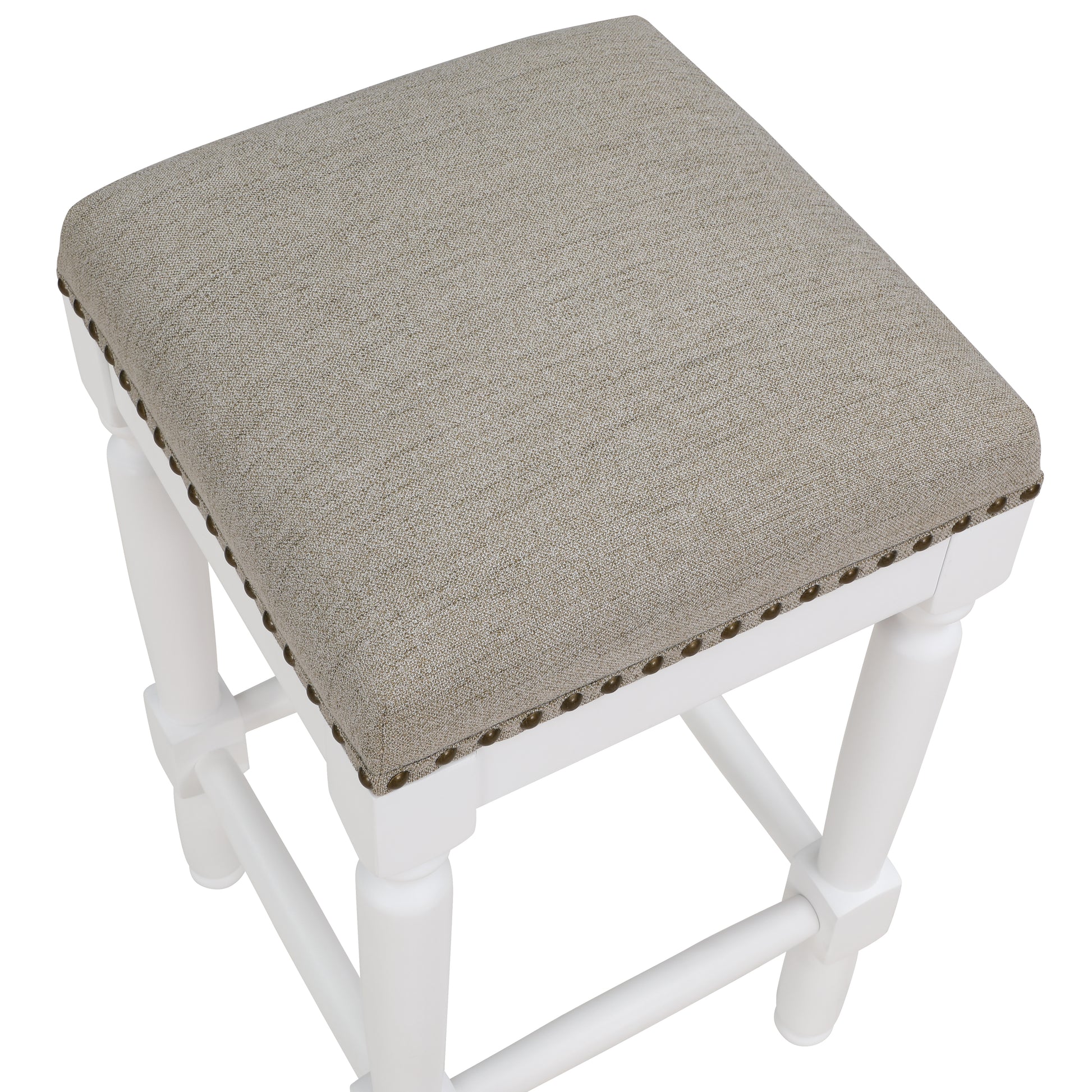 Dutton White Turned Leg Counter Stool With Taupe Upholstered Seat And Trim White Foam Solid Wood