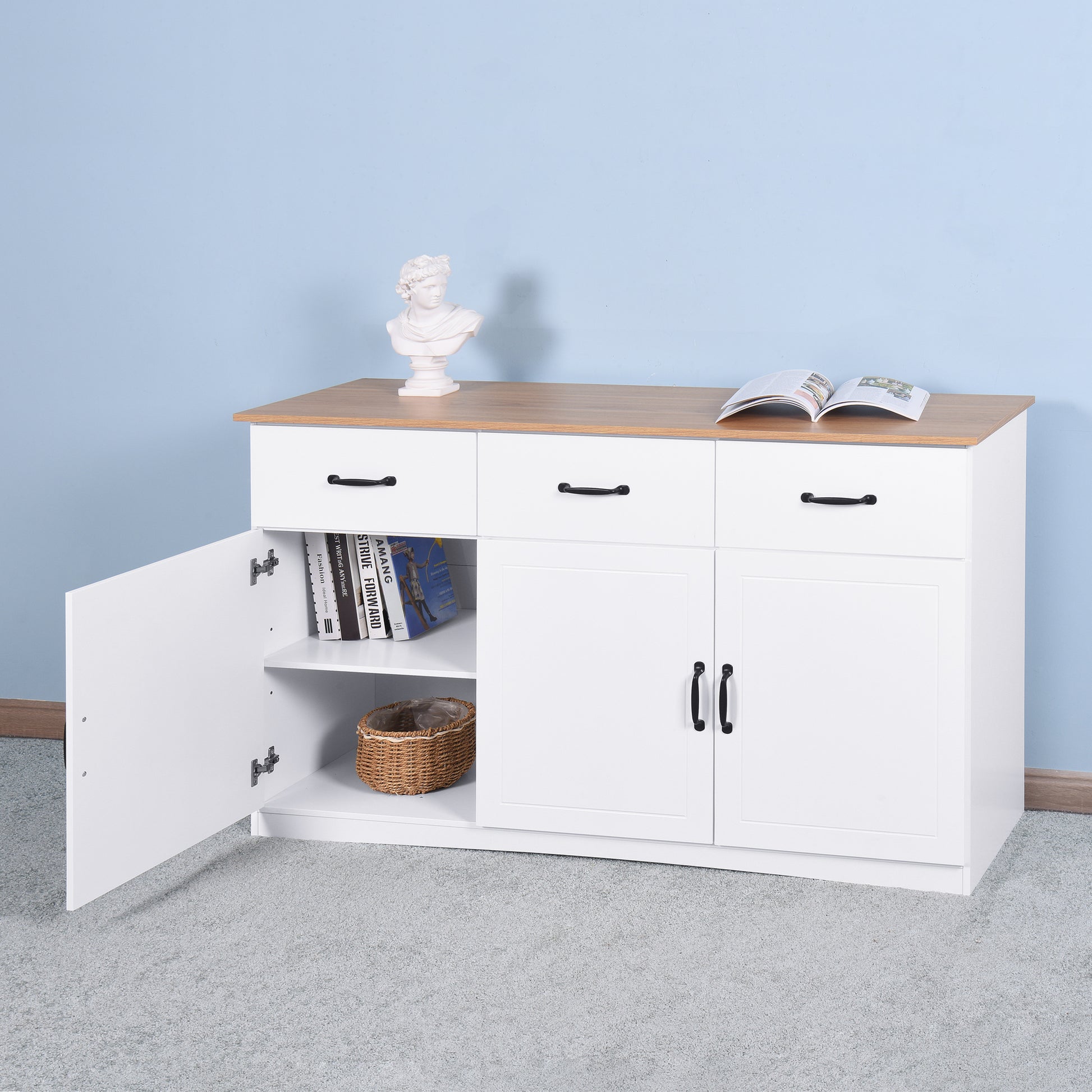 White Buffet Cabinet With Storage, Kitchen Sideboard With 3 Doors And 3 Drawers, Coffee Bar Cabinet, Storage Cabinet Console Table For Living Room White Mdf