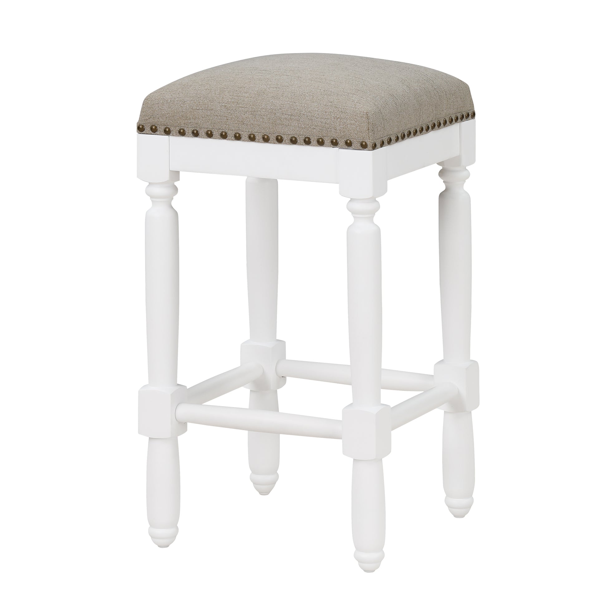 Dutton White Turned Leg Counter Stool With Taupe Upholstered Seat And Trim White Foam Solid Wood