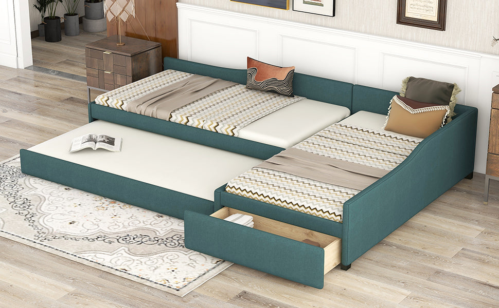 Upholstered Double Twin Size Daybed With Trundle And Drawer, Green Twin Green Plywood