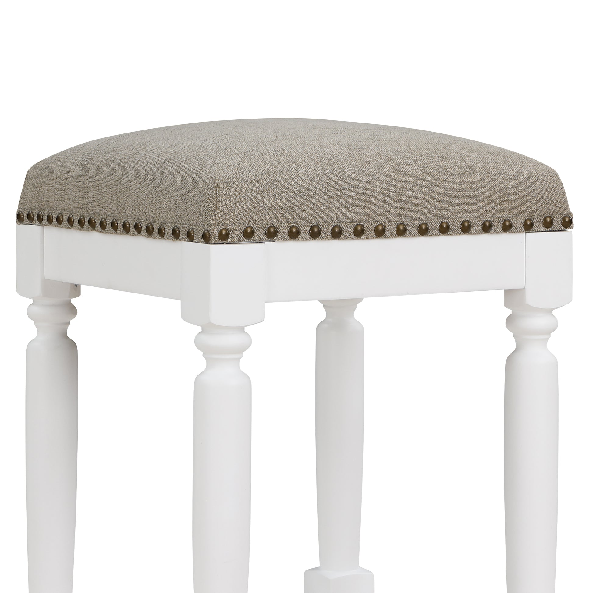 Dutton White Turned Leg Counter Stool With Taupe Upholstered Seat And Trim White Foam Solid Wood