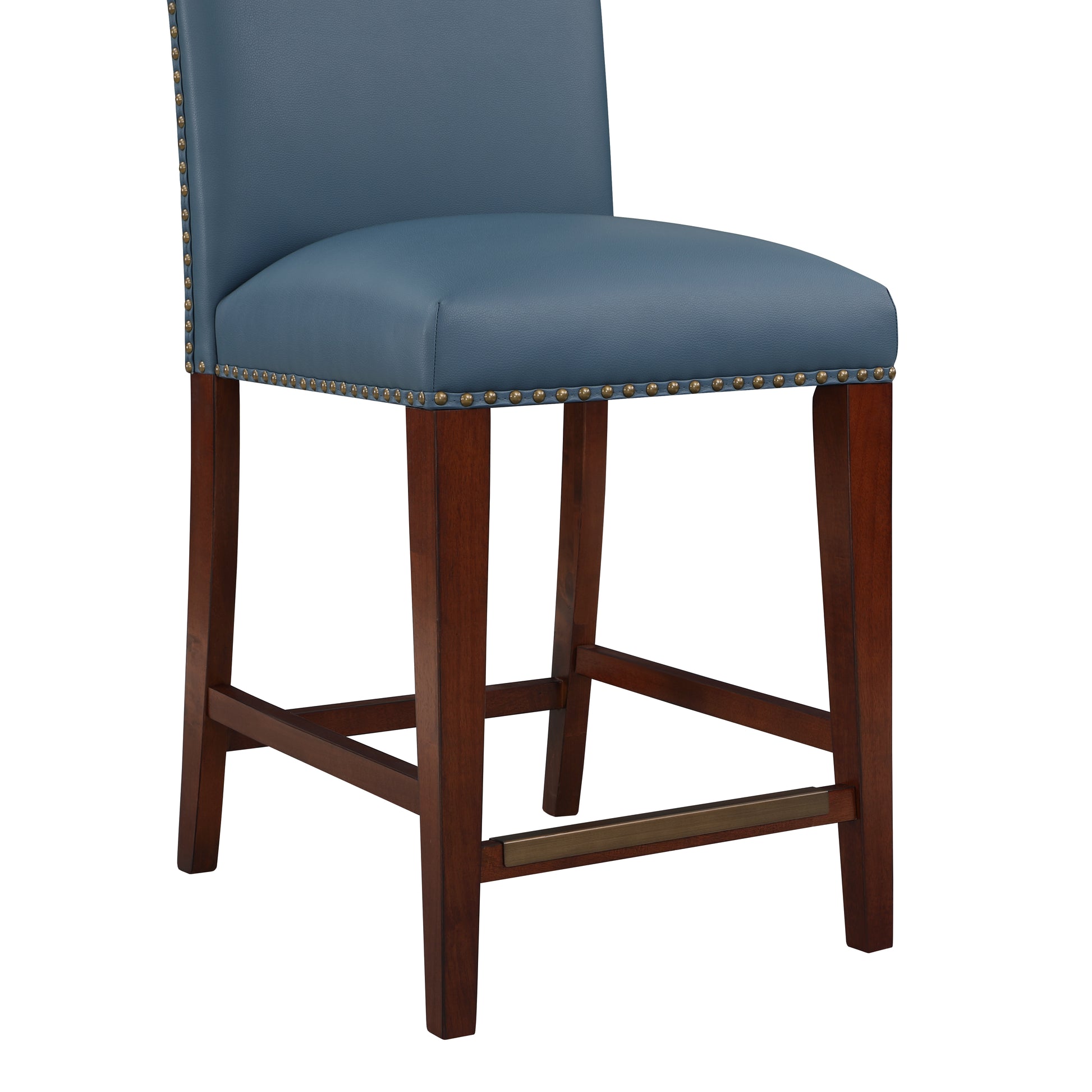 Blaire Stationary Blue Faux Leather Counter Stool With Nail Heads Blue Foam Fabric