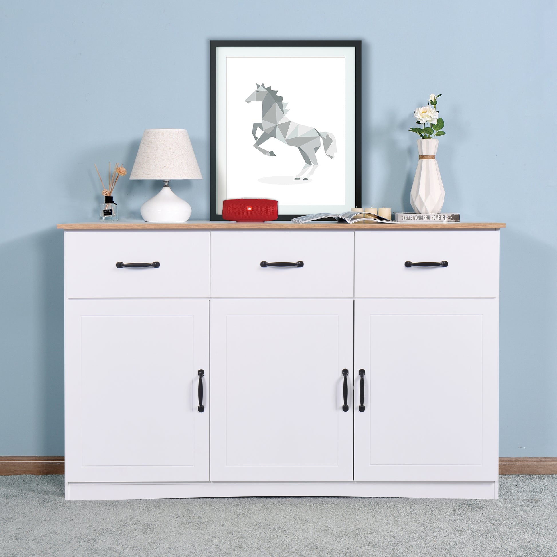 White Buffet Cabinet With Storage, Kitchen Sideboard With 3 Doors And 3 Drawers, Coffee Bar Cabinet, Storage Cabinet Console Table For Living Room White Mdf